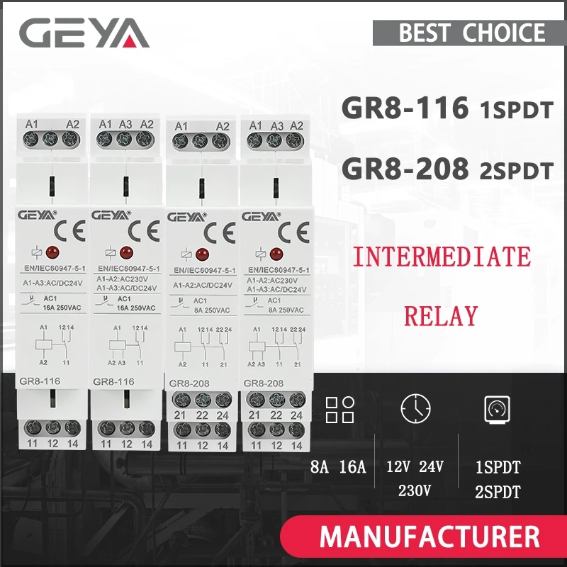 GEYA DIN-Schiene Typ GR8 AC DC 12V 24V 230V Schaltrelais Zwischenrelais Hilfsrelais 8A 16A ROHS genehmigt Image