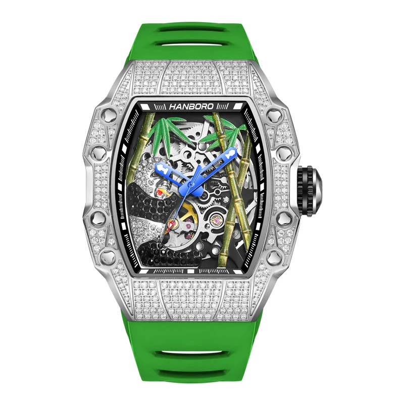 HANBORO Ice Hollow Herren Panda Weinfass Skelett Vollautomatische Mechanische Uhr Grün Spaßige Mode Hip-Hop Sportuhr