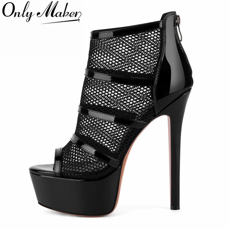Onlymaker Damen Peep Toe Plateau Mesh Stiletto Booties Sandalen Reißverschluss hinten Dünner Absatz Stiefeletten