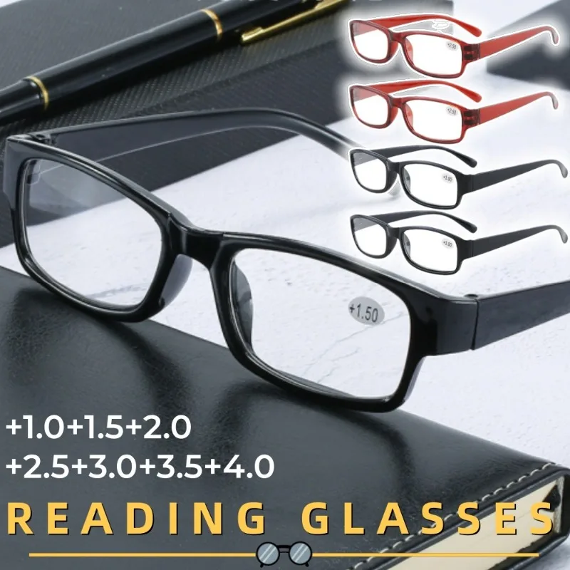 4 Stück ultraleichte Lesebrille mit rechteckigem Rahmen, modische Anti-Ermüdungsbrille für ältere Menschen mit Grad-Linsenbereich +1,0 bis +4,0 Image