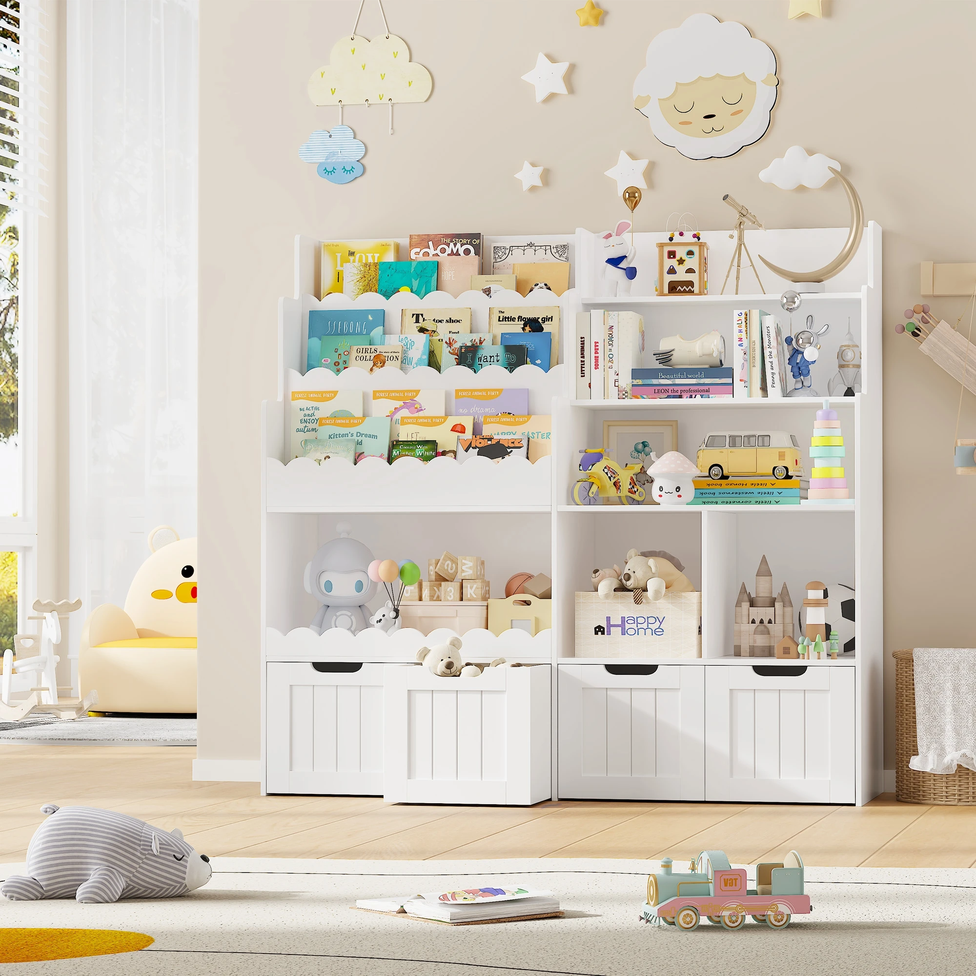 Getone Kinderregal Bücherregal mit 4 Boxen 8 Regal auf Rollen Kinderzimmer Möbel für Kinder Kinderschrank 125x120x40 cm