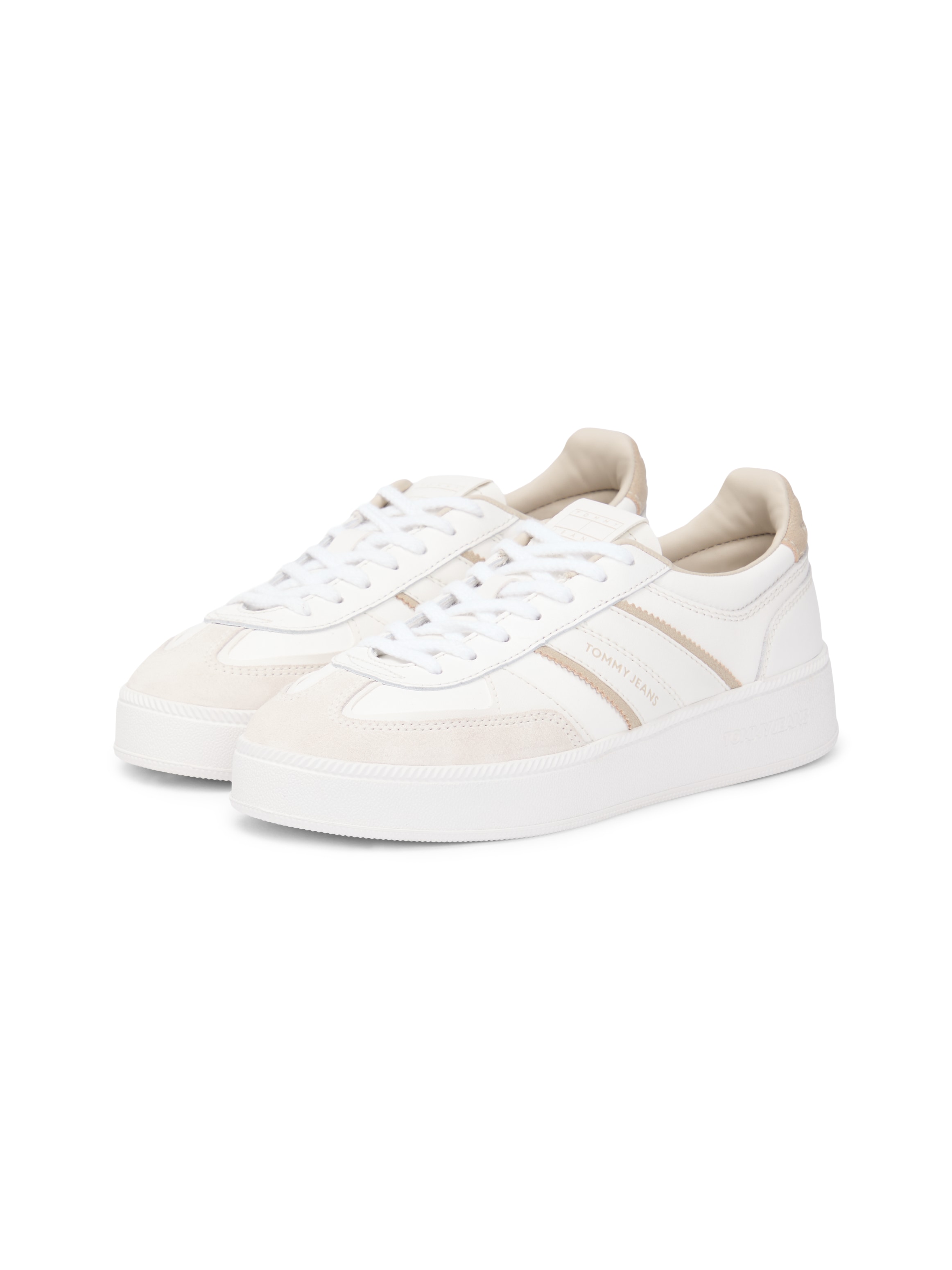 Plateausneaker TOMMY JEANS "THE GREENWICH EDGE FLATFORM", Damen, Gr. 39, beige, hellbraun, Leder, Lederimitat, Veloursleder, Schuhe Plateausneaker