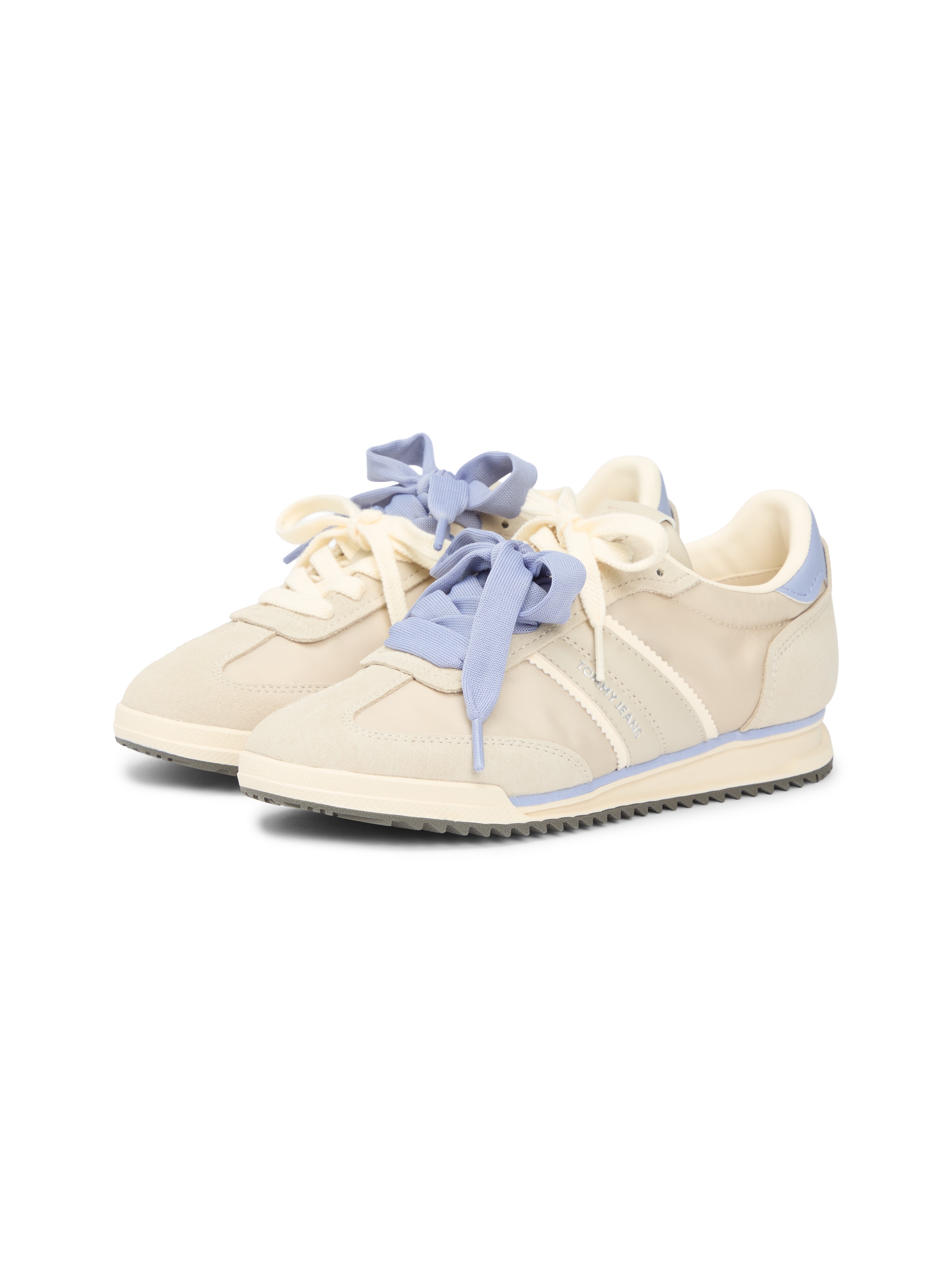Keilsneaker TOMMY JEANS "TJW LOW PROFILE RUNNER", Damen, Gr. 36, beige, hellblau, Leder, Lederimitat, Textil, Schuhe, Freizeitschuh, Schnürschuh, Halbschuh mit Kontrastbesatz