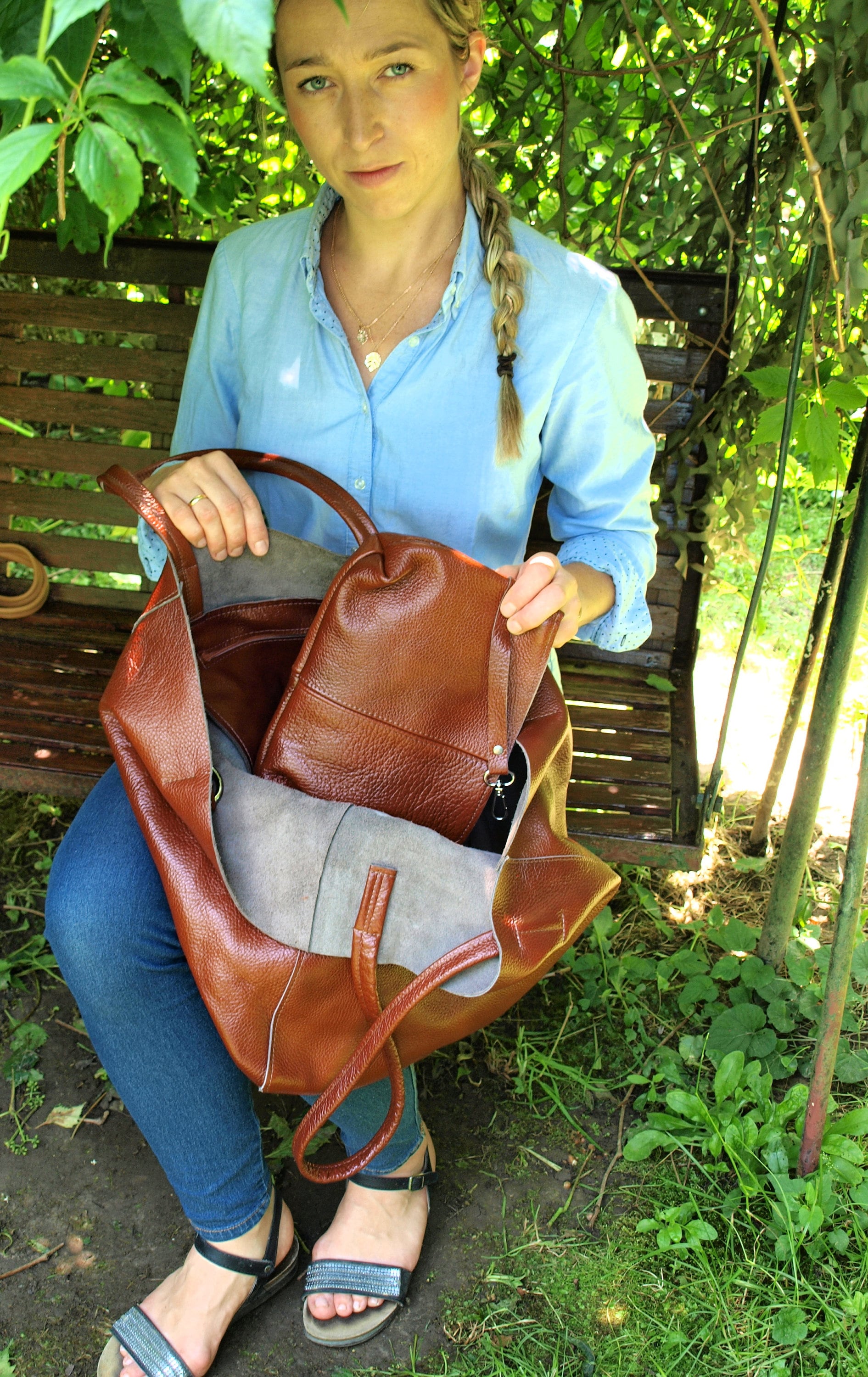 Borsa tote grande in pelle - Borsa a tracolla grande, borsa tote in pelle cognac - Borsa hobo grande e morbida, pelle morbida, SHOPPER OVERSIZE MARRON
