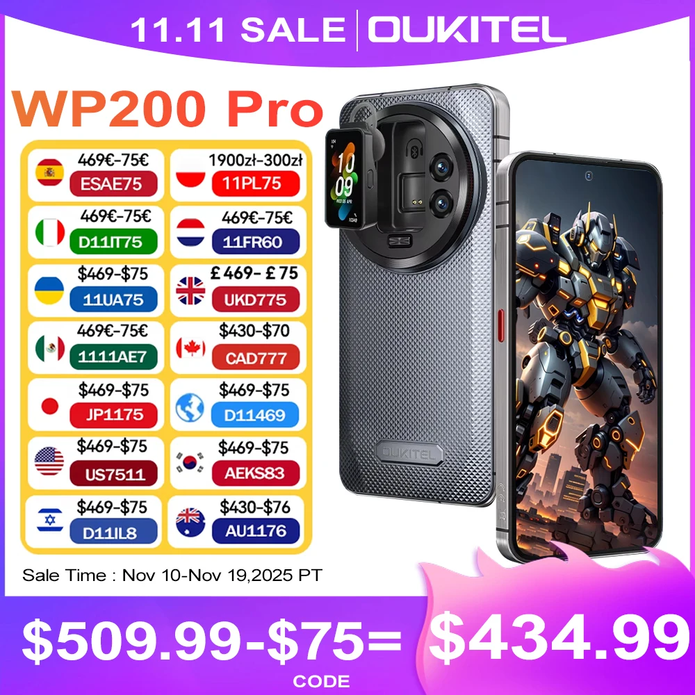 Oukitel WP200 Pro 5G Modular Rugged Phone Detachable Earphone watch 24GB(Up to72GB)RAM 1TB ROM MTK8200 108MP Smartphone