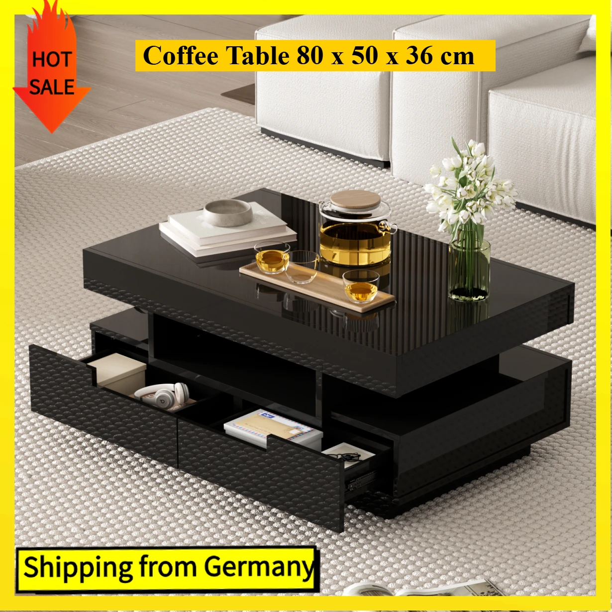 Comanlai 80 cm Hochglanz-Couchtisch mit 4 Schubladen und LED-Licht, Beistelltisch für Wohnzimmer, 80 x 50 x 36 cm