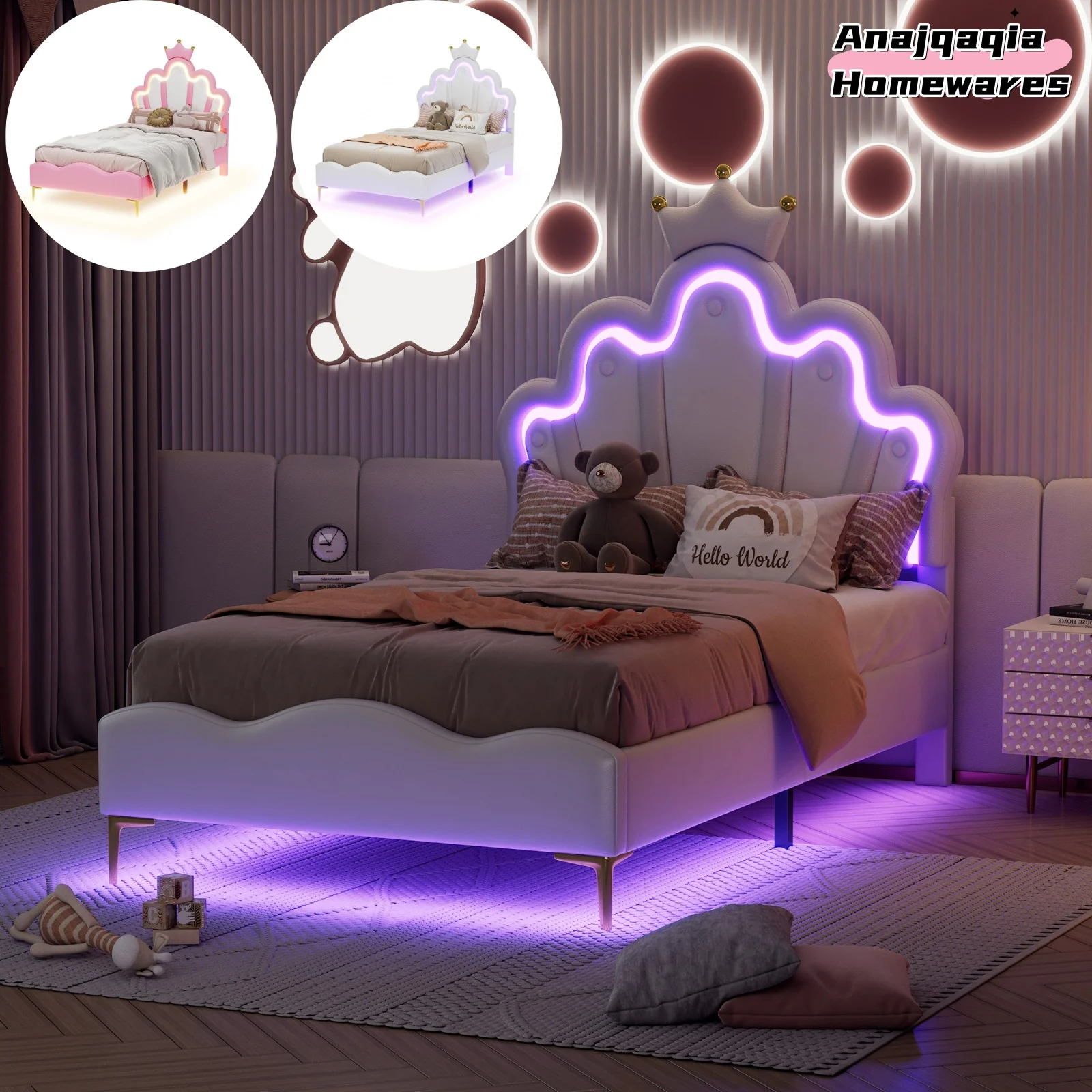 Anajqaqia 90×200 cm Einzelbett für Kinder, Prinzessinnenbett, Kronkopfteil und Lattenrost, mit LED-Leuchten, Schlafzimmermöbel