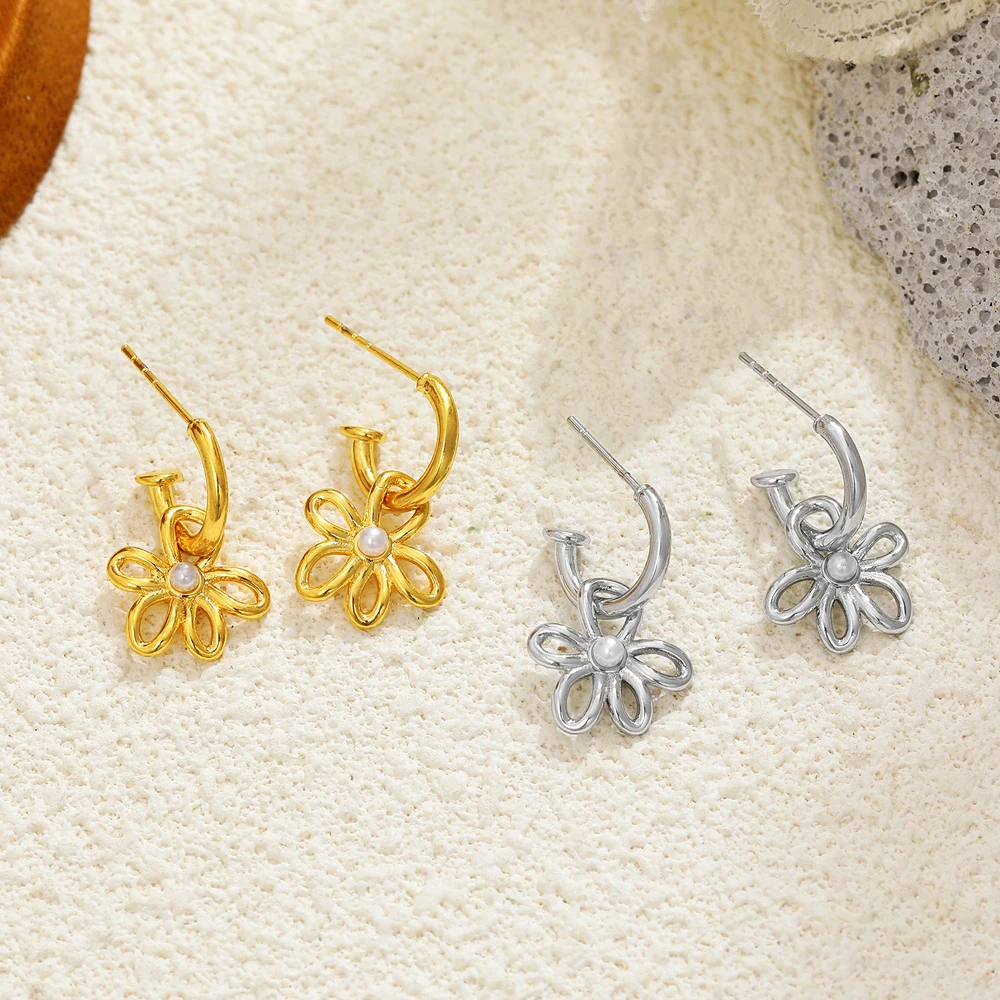 Ausgehöhlter Blumen-Anhänger-Ohrring, schöne Imitationsperle, Creolen, 18 Karat vergoldet, Edelstahl, Ohrstecker, Modeschmuck, Geschenke Image