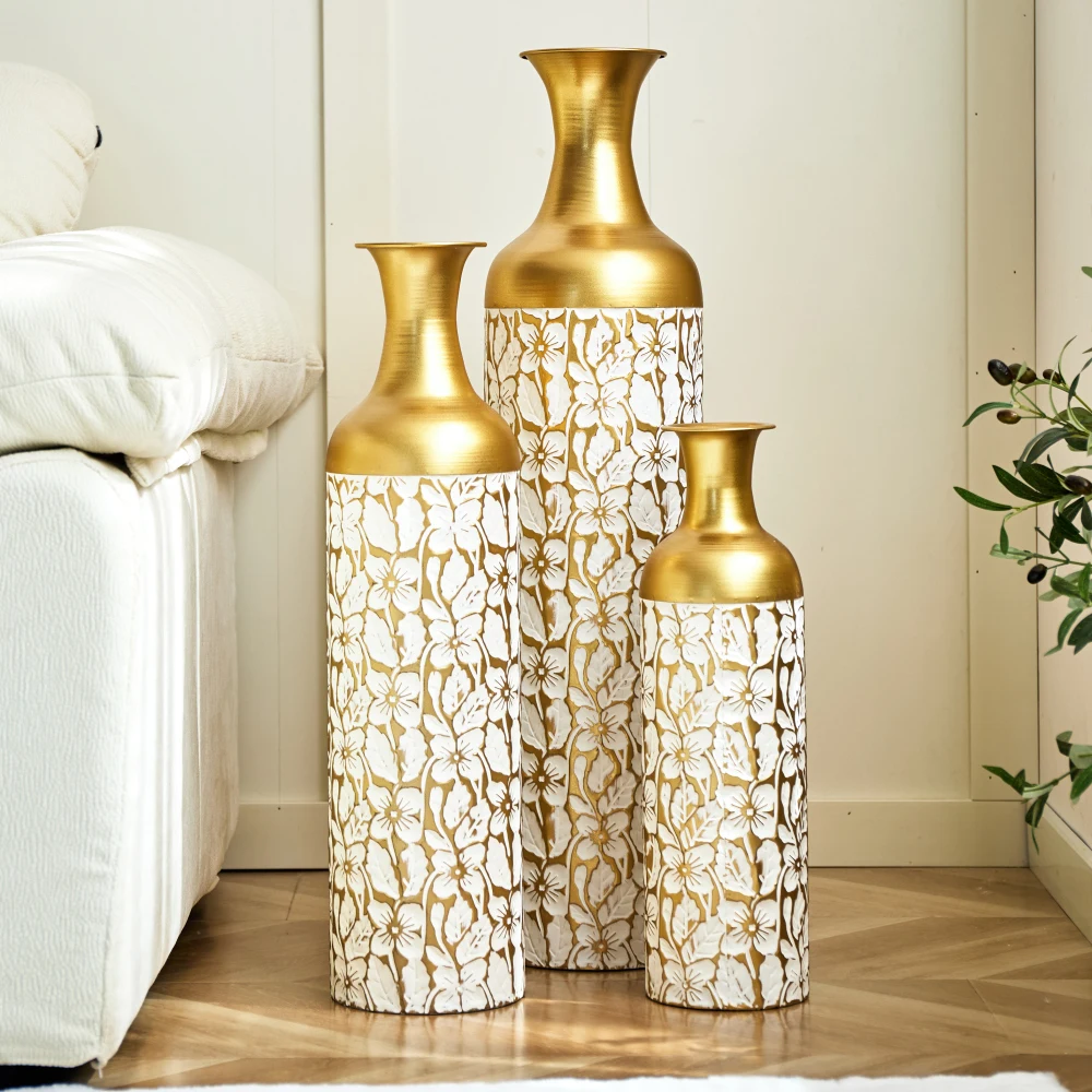 3-teilige Retro-Bodenvasen aus Metall in Weißgold (83/65/50 cm hoch), große dekorative Vasen für Wohnzimmer/Schlafzimmer, passend für Pampas-Zweige Image