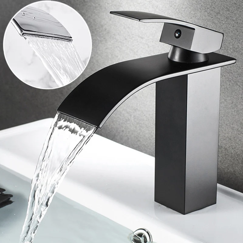 Edelstahl-Wasserfall-Waschbecken, hoher und niedriger Wasserhahn, schwarz, heiße und kalte Toilette, Waschbecken, Badezimmer, Zuhause