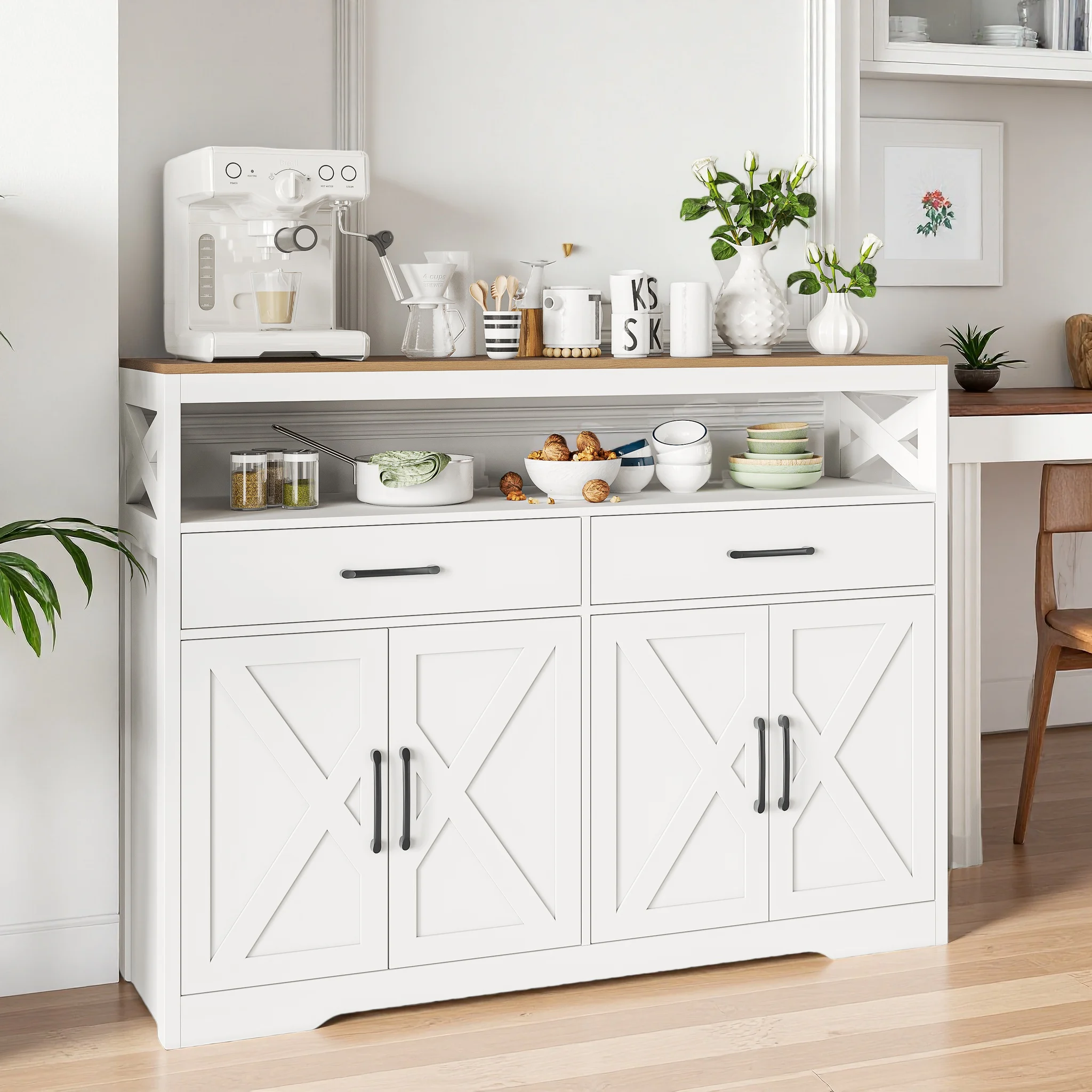 Sideboard, Küchenschrank mit 2 Schubladen und 4 Türen, Buffetschrank mit Arbeitsplatte für Esszimmer, Wohnzimmer, Holz, Weiß und Braun