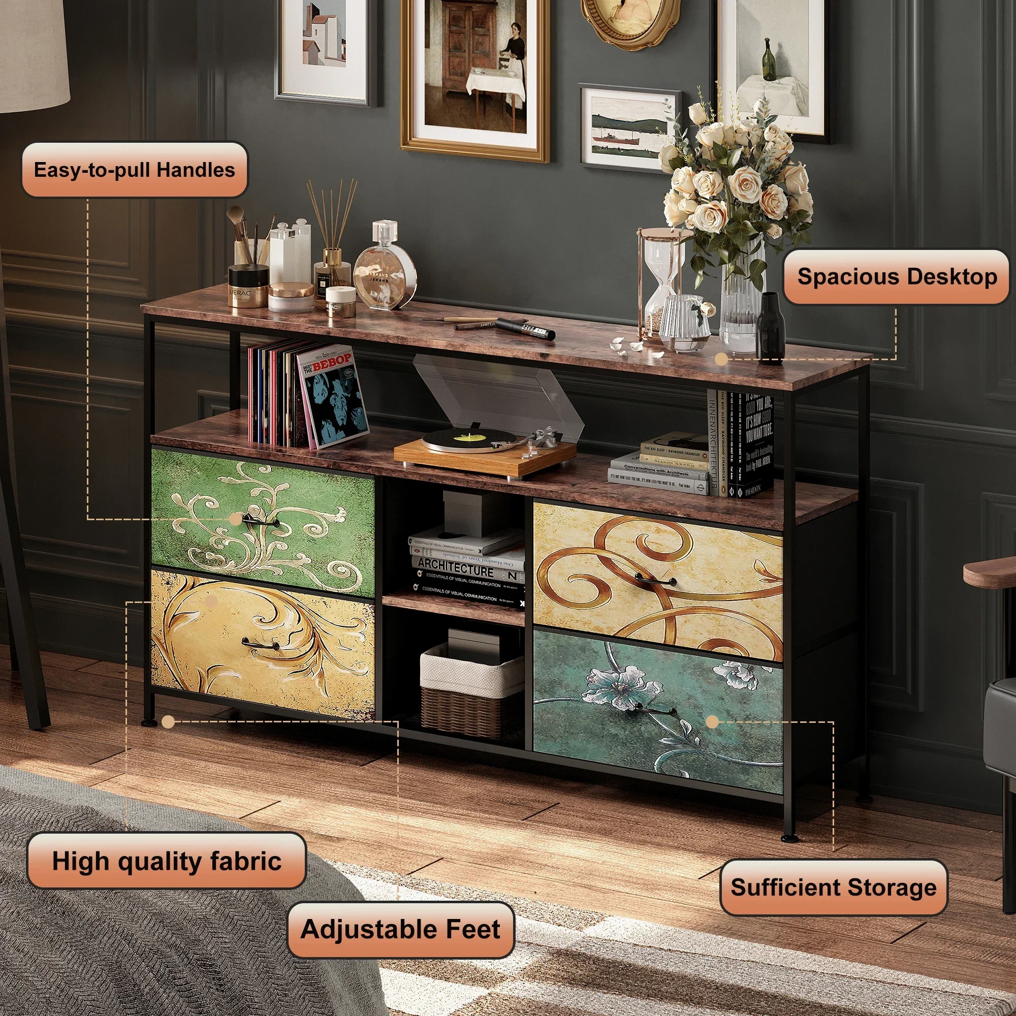 Rosahqnda TV-Ständer mit 4 Schubladen, TV-Schrank, verstellbare Regale, TV-Tisch, TV-Schrank, Wohnzimmermöbel