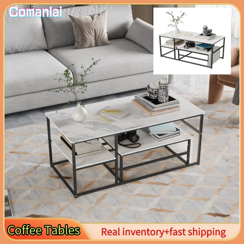 Comanlai Moderne Couchtische, Simulationsmarmor-Couchtisch, kleine Couchtische, für Wohnzimmer, Schlafzimmer, Büro, Balkon, Schwarz