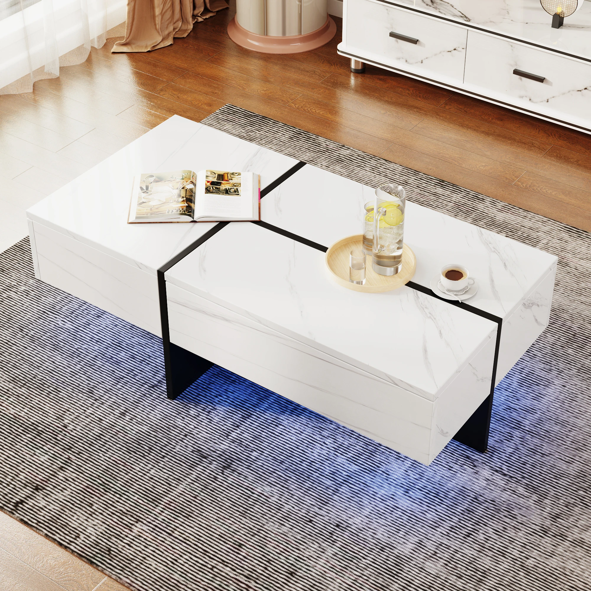 Anajqaqia 100 x 50 x 34,5 cm moderne Couchtische, Hochglanz-Couchtisch, mit app-gesteuerter LED-Beleuchtung, 3 Schubladen