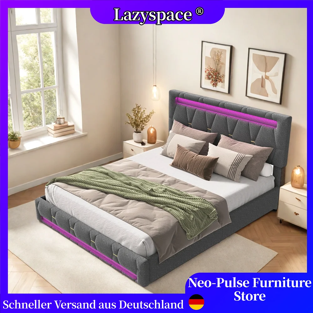 Lazyspace Bedhead 2-stufiges Höhenverstell-Polsterbett, Bettrahmen mit Stauraum aus Leinen mit 4 Schubladen und RGB-LED, Schlafzimmermöbel