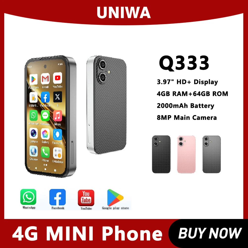 UNIWA Q333 Mini-Smartphone, 4 GB RAM, 64 GB ROM, 4G-Netzwerk, Vollband, 2000 mAh, Mobiltelefone, Google Play Store, Face ID, kleines Telefon Image