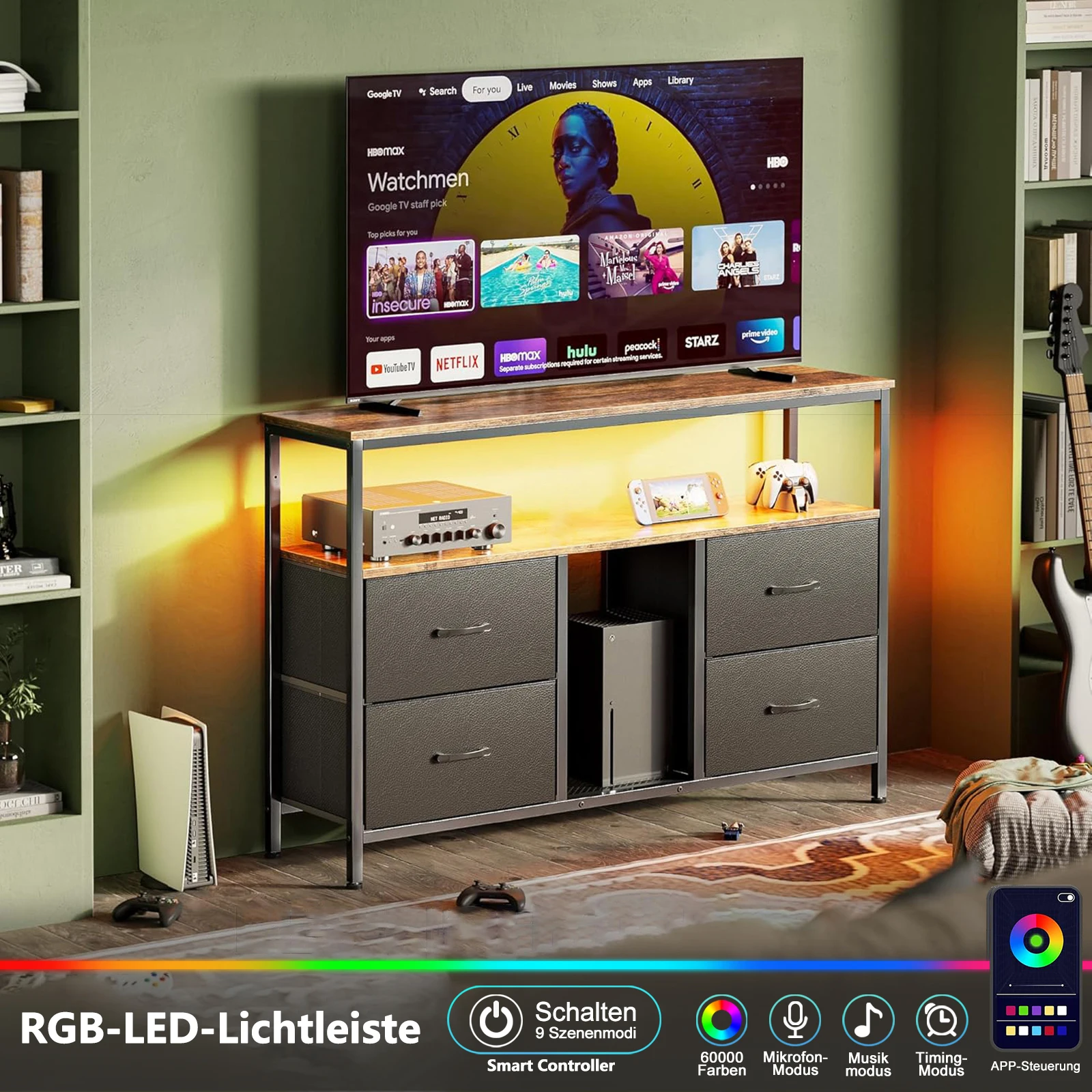 UrbanLuxe TV Schrank, mit LED-Beleuchtung und 4 Schubladen, Wohnzimmer TV Schrank, Vintage Stil