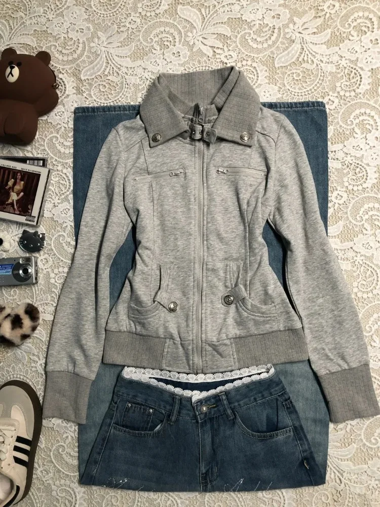 Harajuku Vintage Grau Sweatshirt Frauen Frühen Herbst Neue Langarm Jacken Y2k Streetwear Punk Stehkragen Mantel