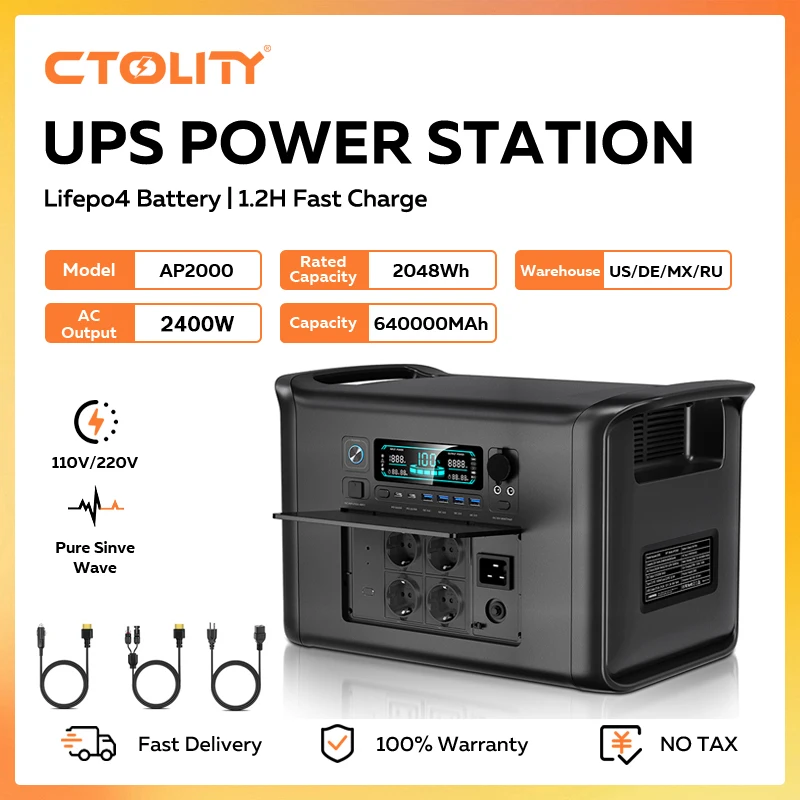 CTOLITY AP2000 2400W Tragbarer Solargenerator 2048Wh LiFePO4-Batterie Powerstation AC-Steckdosen Reine Sinuswelle Notstromversorgung Image