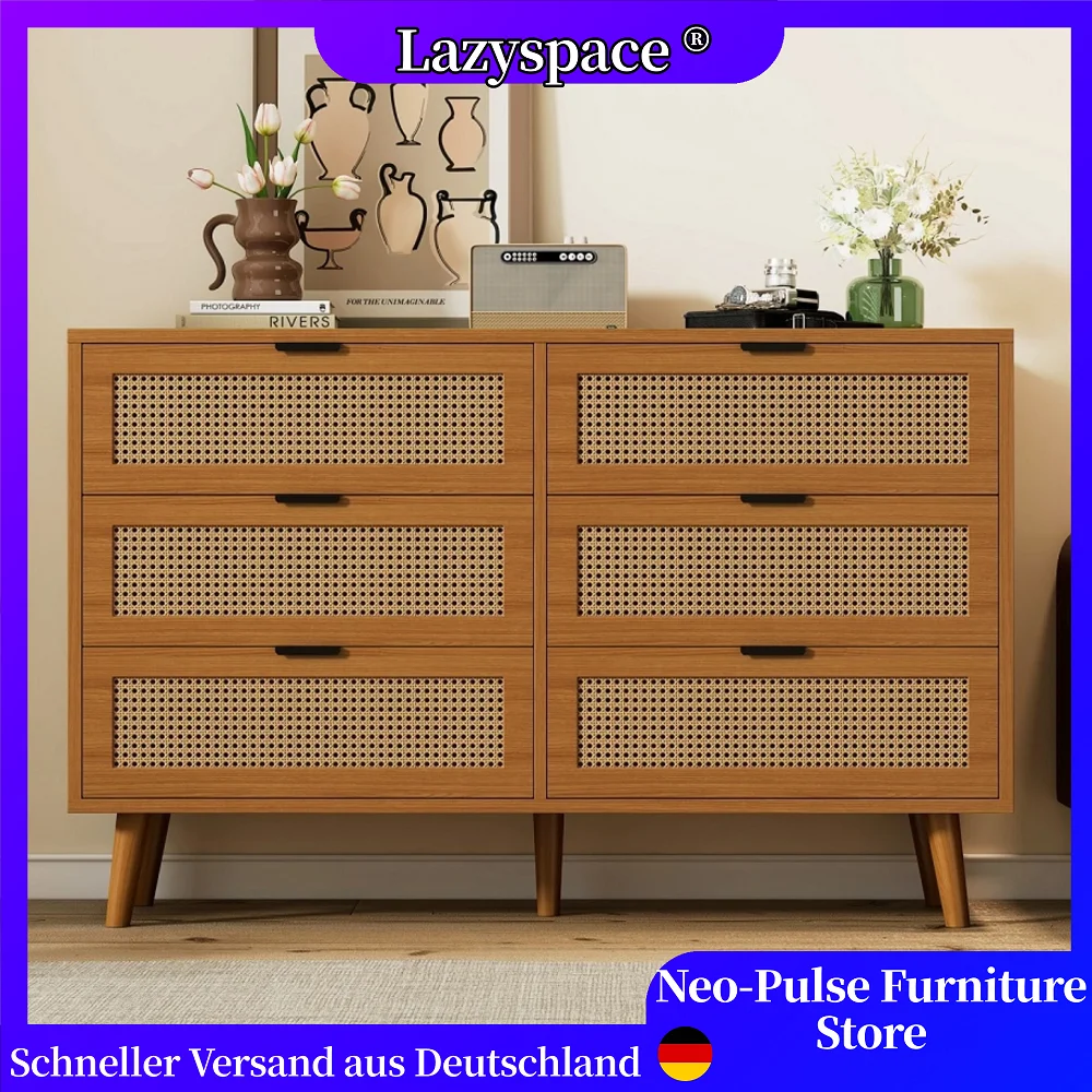 Lazyspace freistehender Aufbewahrungsschrank mit 6 Schubladen, Rattan-Sideboard-Schubladenschrank, Schlafzimmer, Wohnzimmer, Büro, Highboard