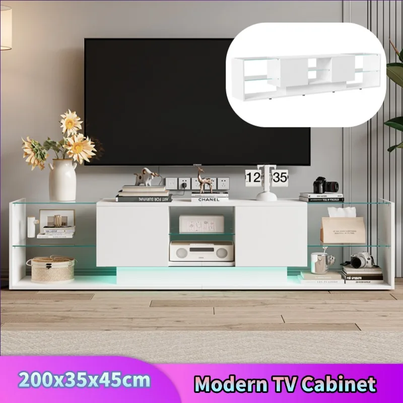 Comanlai 200 x 35 x 45 cm moderner TV-Schrank, Aufbewahrungsschrank, TV-Tisch, TV-Möbel, mit LED-Beleuchtung, offenen Regalen und 2 Schubladen