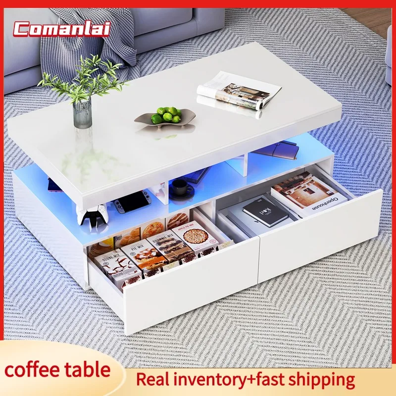 Comanlai 104 x 53 x 46 cm Couchtisch, mit LED und 2 Schubladen, Wohnzimmertisch, Beistelltisch mit offenem Ausstellungsregal, Weiß/Schwarz