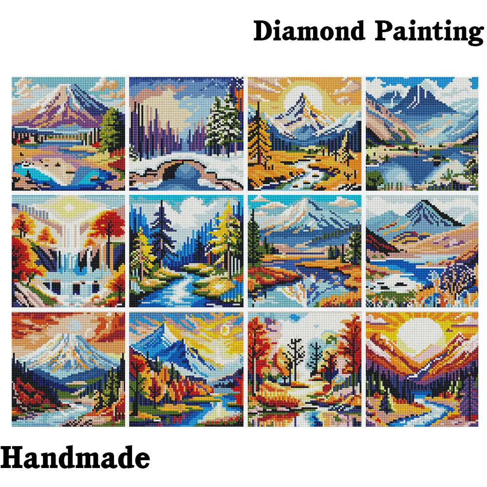 Huacan 12 Stück Diamant-Mosaik, Berg-Sonnenuntergang, voll quadratisch, Mini-Diamantgemälde, Landschaft, handgefertigt, Urlaubsgeschenk Image