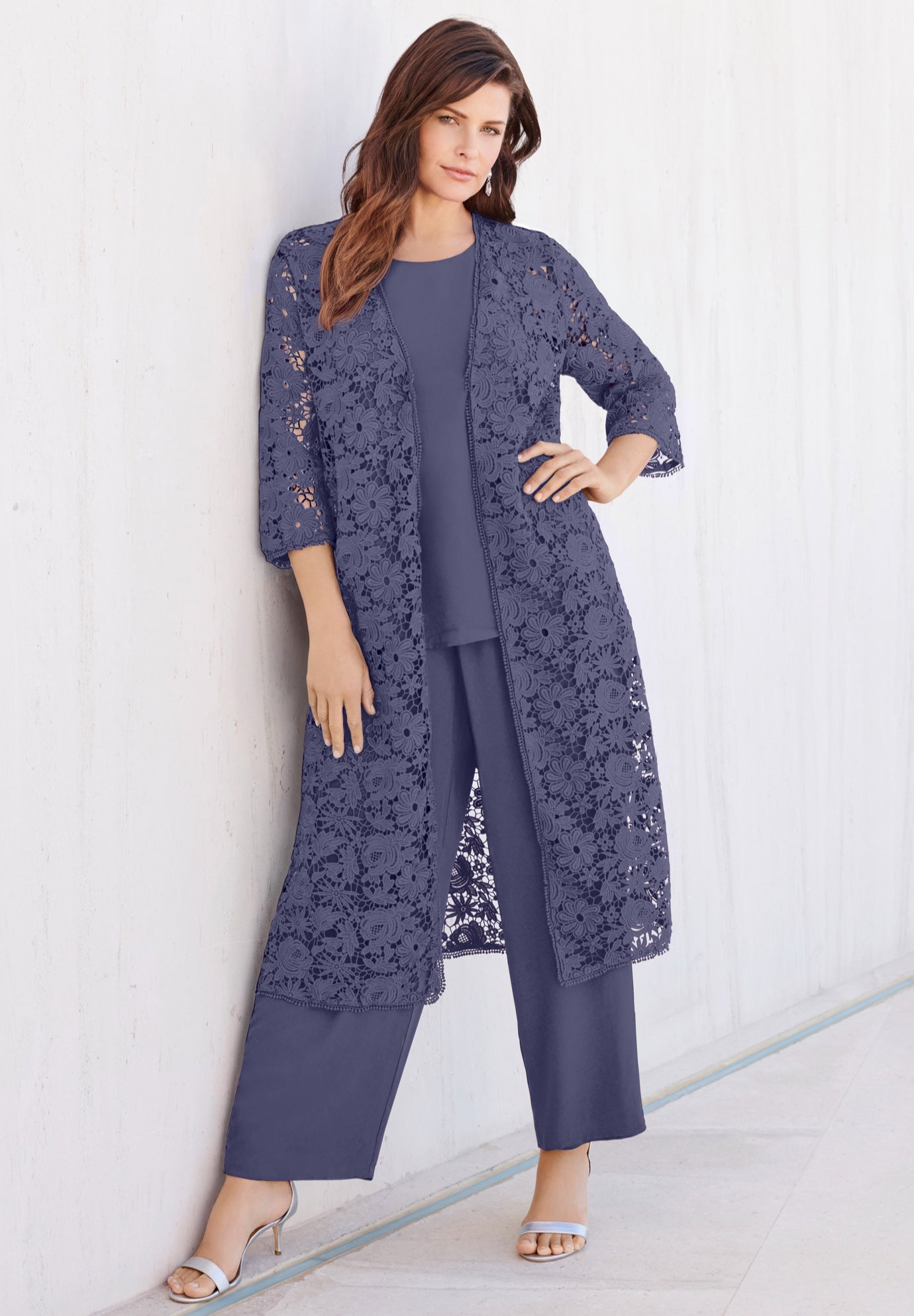 Plus Size Women's Plus Size 3-Piece Allover Lace Duster Pant Set - Formal Wear by Roaman's in Deep Dusk (Size 26 W) Duster, Tank, Formal Evening Wide