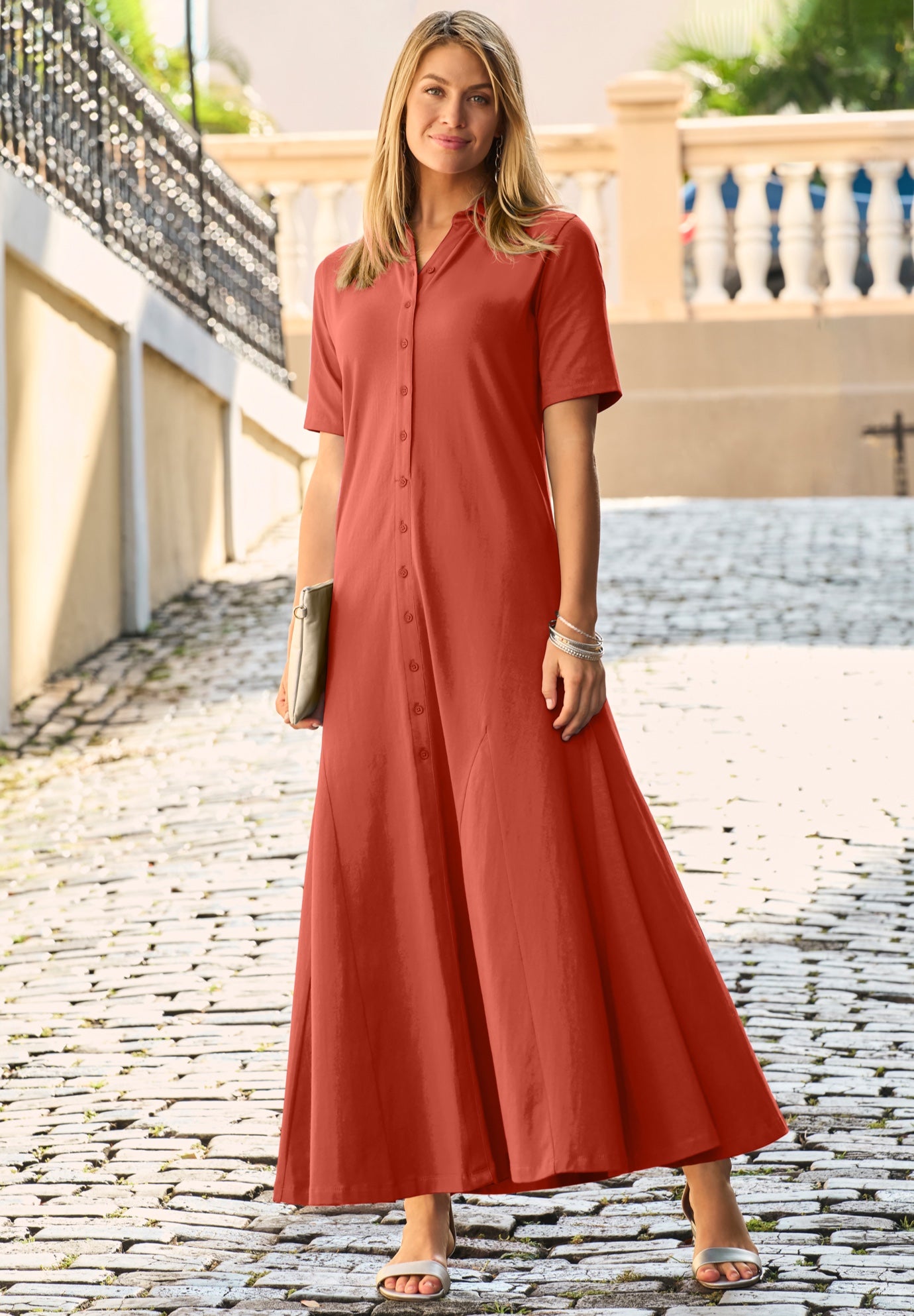 Plus Size Women's Stretch Cotton Button Front Maxi Dress by Jessica London in Burnt Red (Size 20 W)