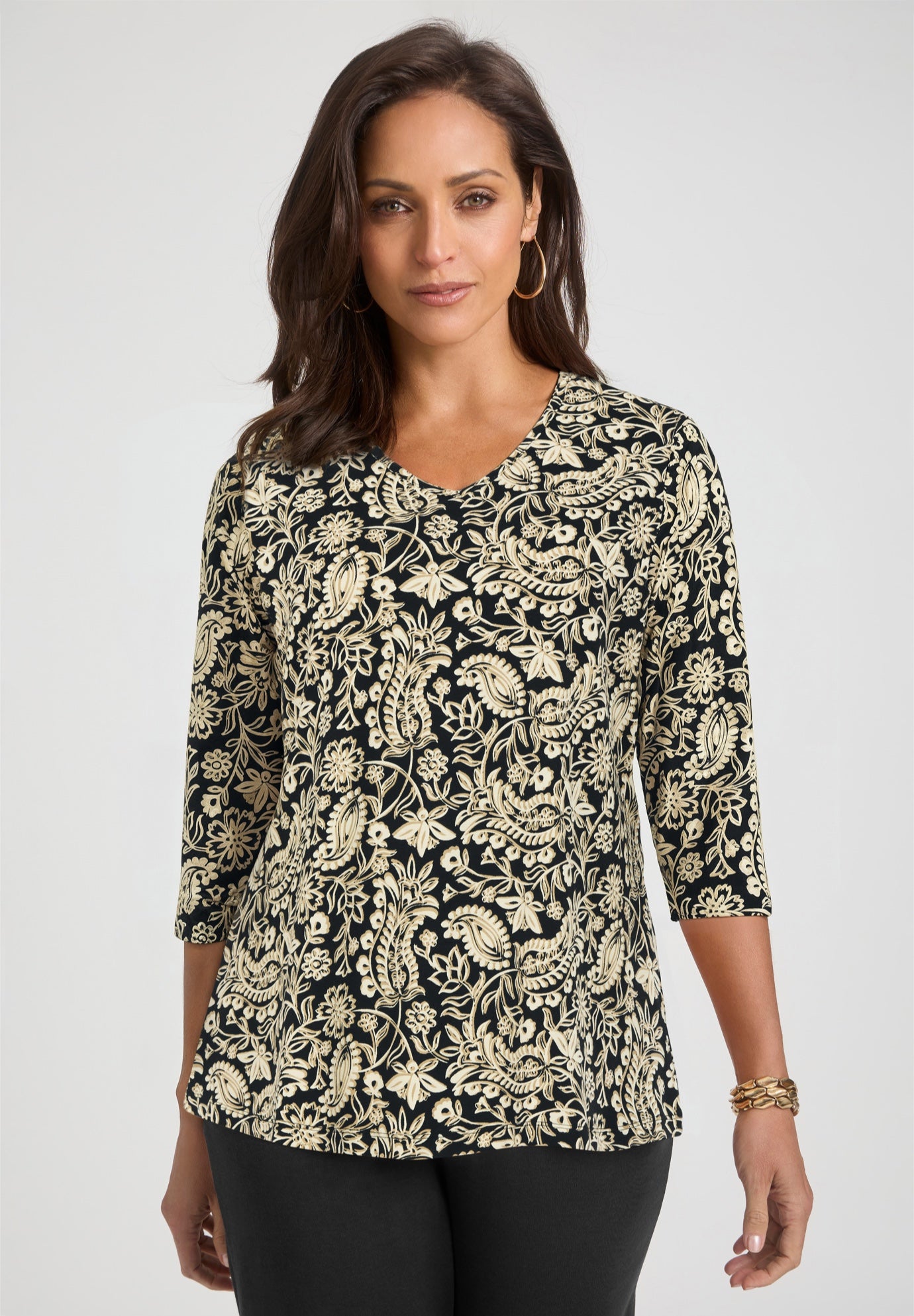 Plus Size Women's Stretch Cotton V-Neck Tee by Jessica London in Black Bold Paisley (Size 14/16) 3/4 Sleeve T-Shirt
