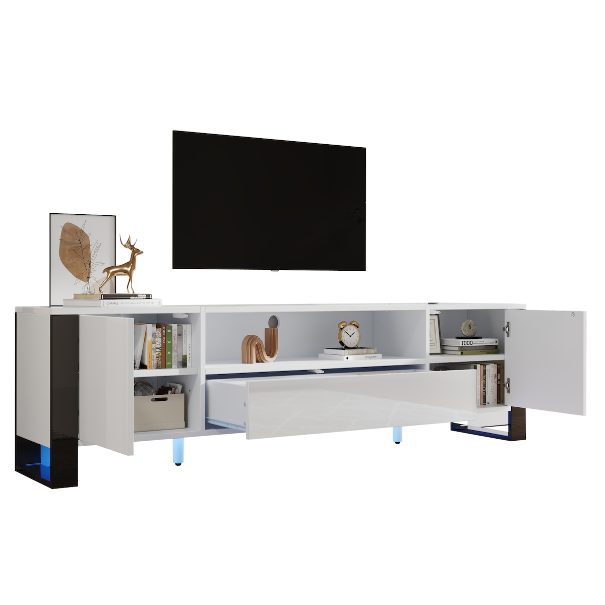 OKWISH Hochglanz-TV-Schrank 178x40x54 mit 2 Türen, 1 Push-to-Open Schublade, 16 Farben LED-Beleuchtung, Stauraum für 70-Zoll Fernseher, Weiß Schwarz