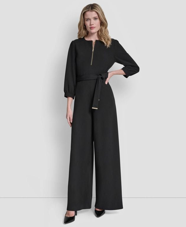 3/4 Sleeve Wide Leg Exposed Zipper Jumpsuit - Black - DKNY Jumpsuits