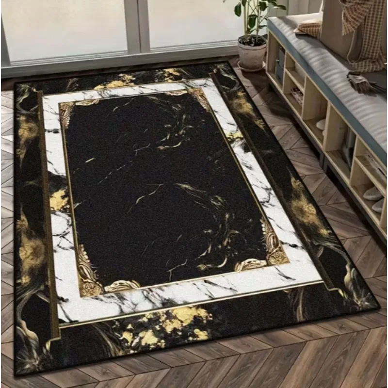 Luxury Black Marble Area Carpet Office Bedroom White and Gold Border Design Suitable for Modern Living Spaces, Bedroom Carpet