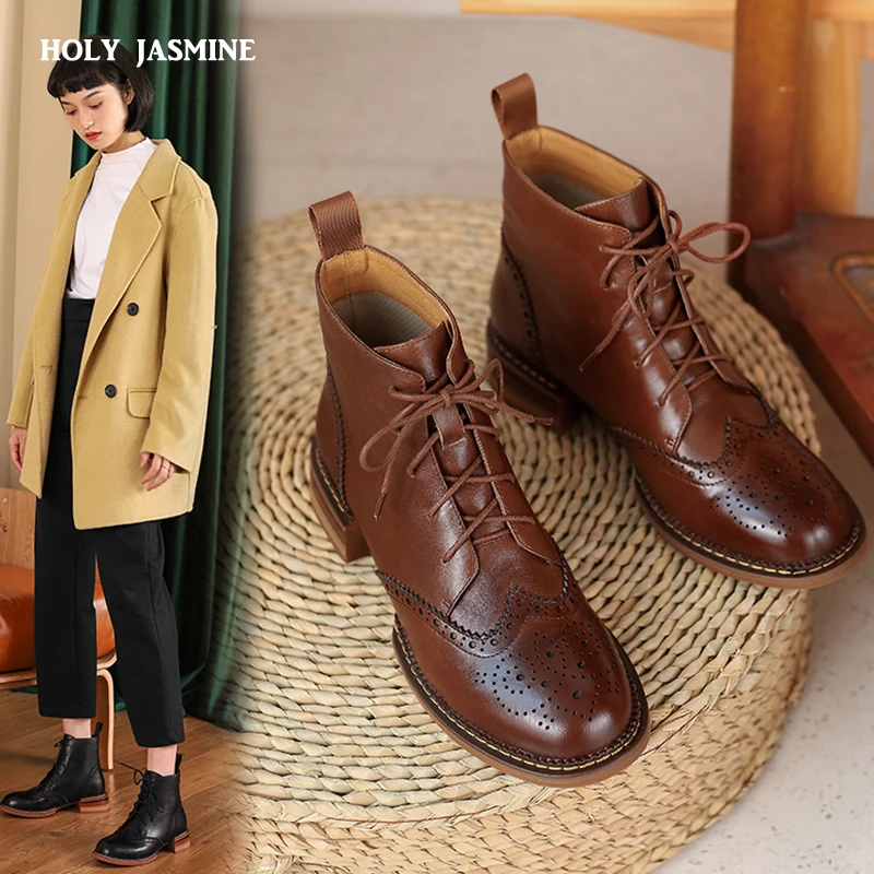 2025 Autumn Winter Women Ankle Boots Office Ladies Casual Round Toe Low Heels Cross-Tied Genuine Leather Platform Shoes Woman