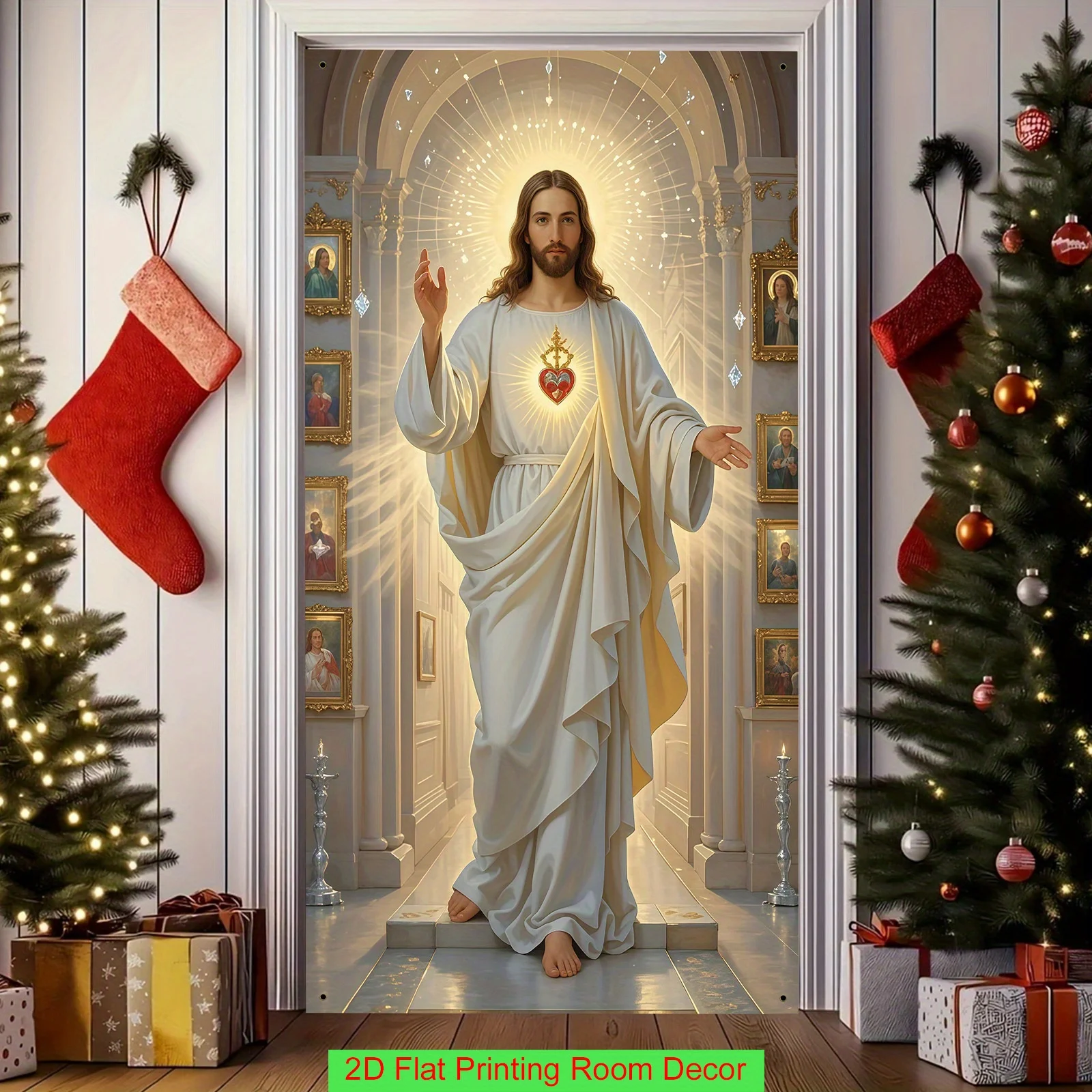 1pcs Jesus Door Curtain Banner - Luminous Sacred Heart Religious Christmas Deco for Indoor/outdoor in Churches and Family Party