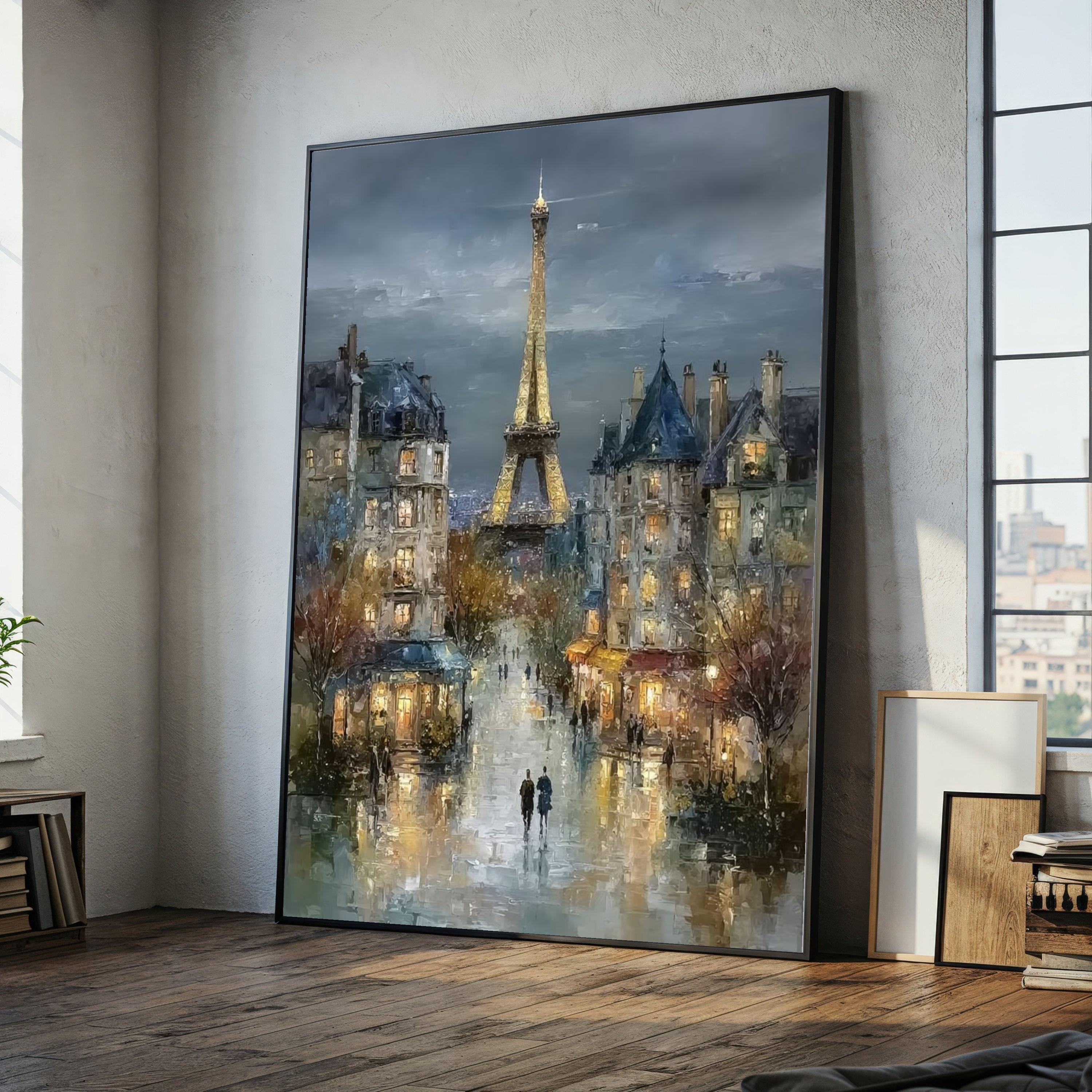 Quadro su tela raffigurante una scena di strada serale a Parigi, decorazione murale della Torre Eiffel, dipinto di paesaggio urbano, tela romantica ur