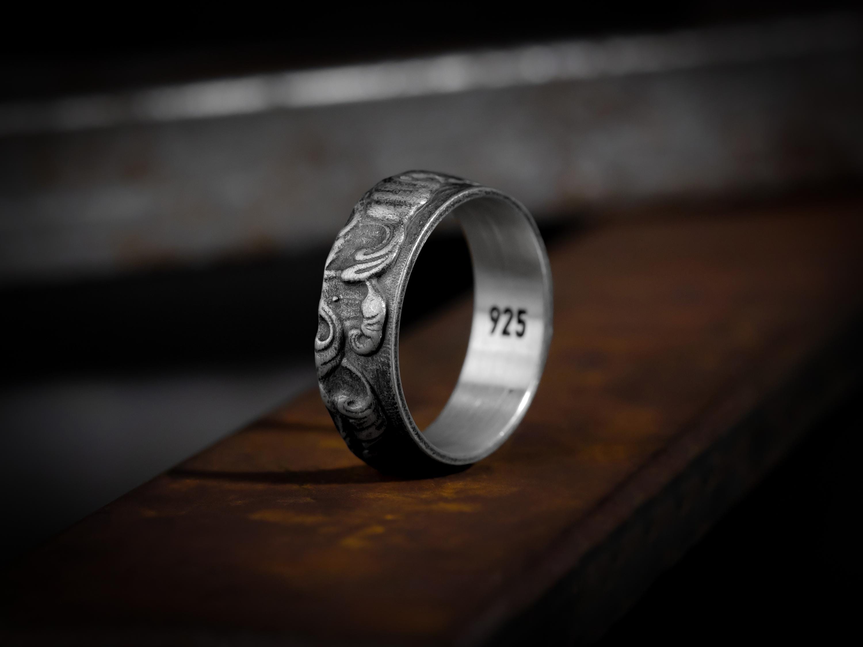 Anelli da uomo in argento da sposa a forma di onda marina, Anello da uomo in argento ossidato, Anello di fidanzamento, Anello da uomo in argento a for