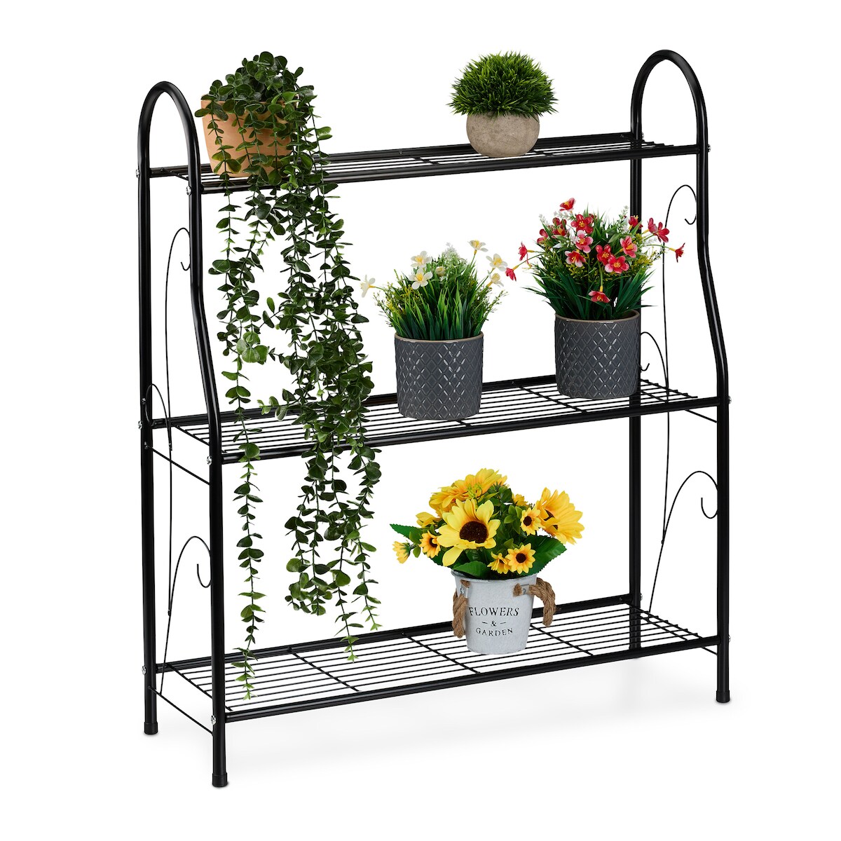 Relaxdays Blumenregal mit 3 Ablagen, Blumen- & Pflanzentöpfe, Metall, Pflanzentreppe, HxBxT: 83 x 71 x 24,5 cm, schwarz Image