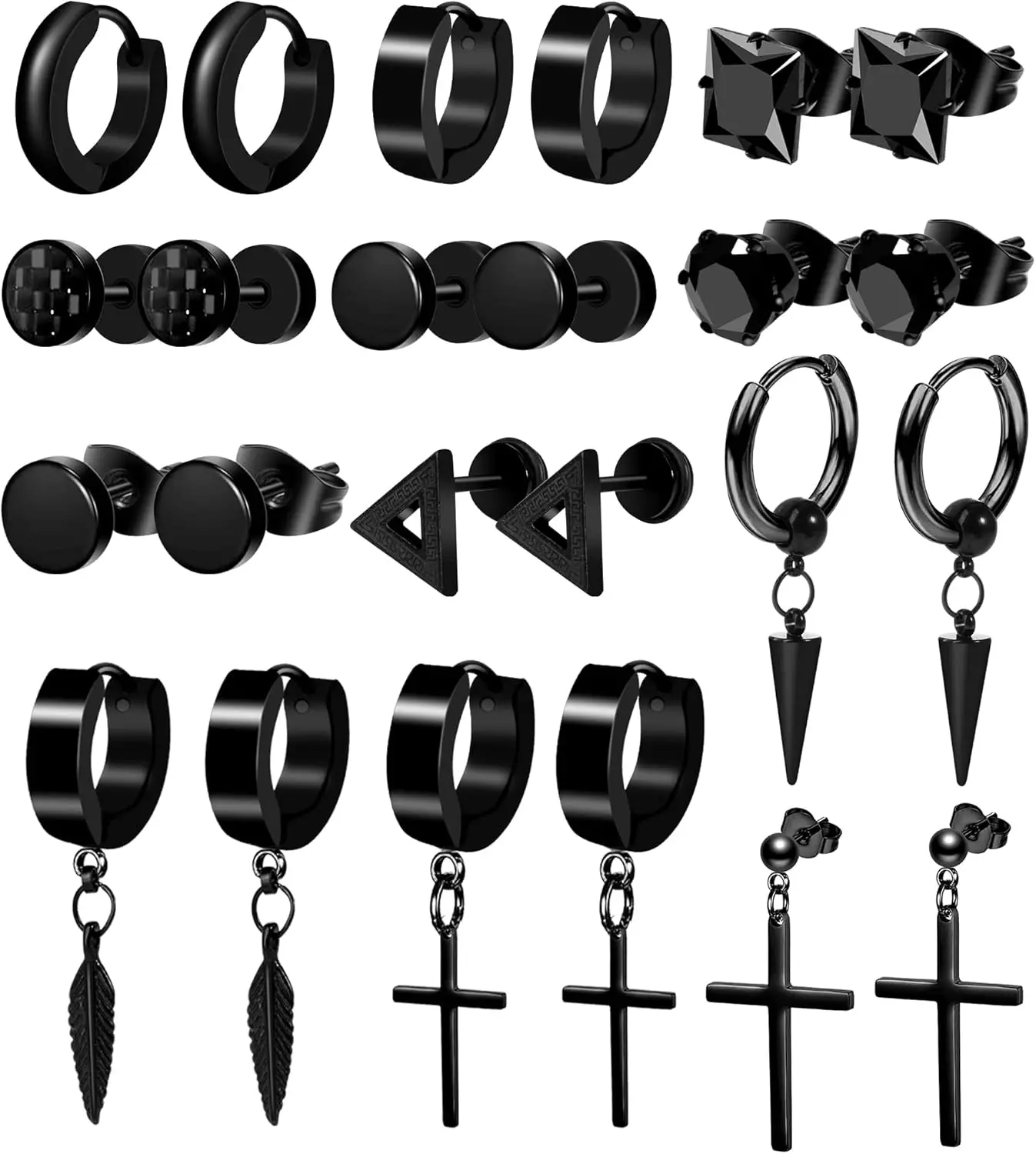 12-teiliges schwarzes Ohrstecker-Set für Männer und Frauen – Kreuzschmuck-Piercings aus Edelstahl Image