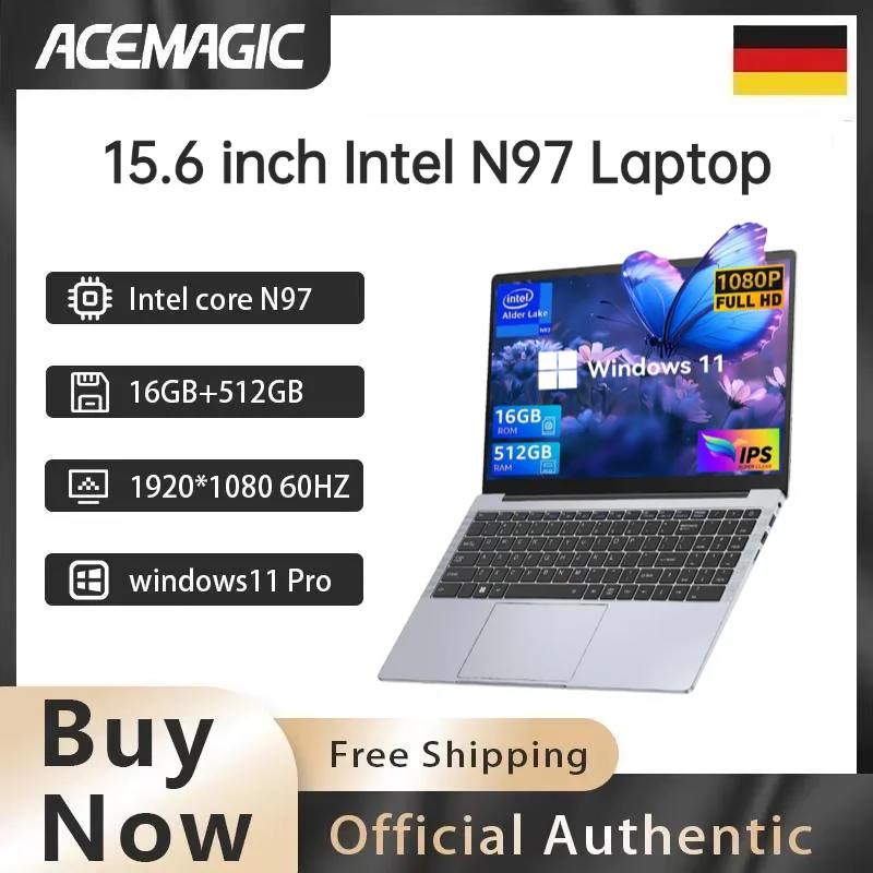 ACEMAGIC 15,6 Zoll Intel N97 Laptop 16GB DDR4 RAM 512GB SSD Leichter Business-Laptop Windows 11 Pro Tragbare Computer Image