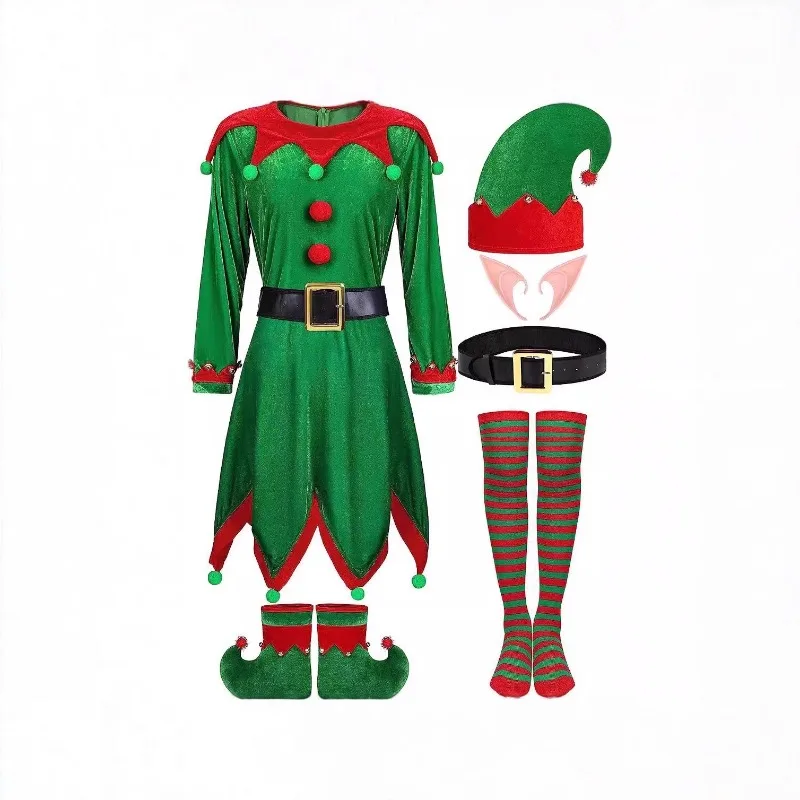 Weihnachtselfenkleid, Cosplay, grünes Samtkleid, Weihnachtsfeier, Maskerade, Karneval, Kostüm für Damen und Herren Image