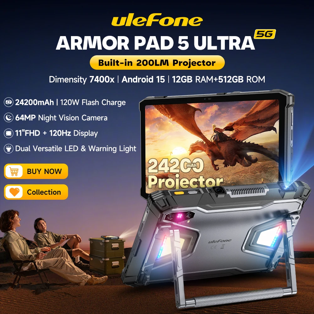 【2025 Neu】Ulefone Armor Pad 5 Ultra 5G Robuster Tablet-Projektor 24200 mAh 120 W Blitzladungsabmessung 7400 x 12 GB RAM 512 GB ROM Image