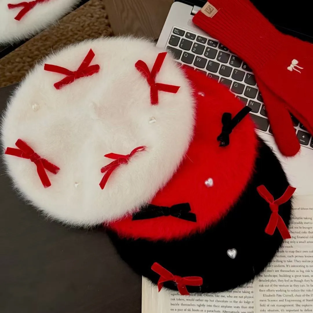 Winter Hüte Frau Kaninchen Fell Bogen Perlen Baskenmütze Frauen Süße Maler Kappe Französisch Berets Frau Rot Schwarz Weiß Flache Kappe Image