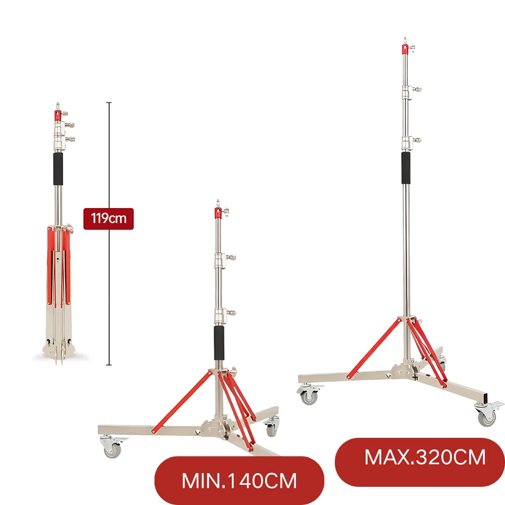 320 cm robuster Lichtständer mit Rollen, verstellbarer Stativständer aus 100 % Edelstahl, Fotografie-Sockelständer auf Rädern Studio Image
