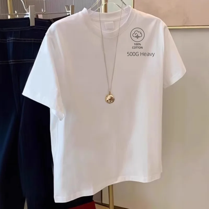 Sommer-Bestseller GSM 500 g robustes T-Shirt aus reiner Baumwolle, verdicktes, kurzärmeliges, einfarbiges Damen-T-Shirt mit Rundhalsausschnitt Image