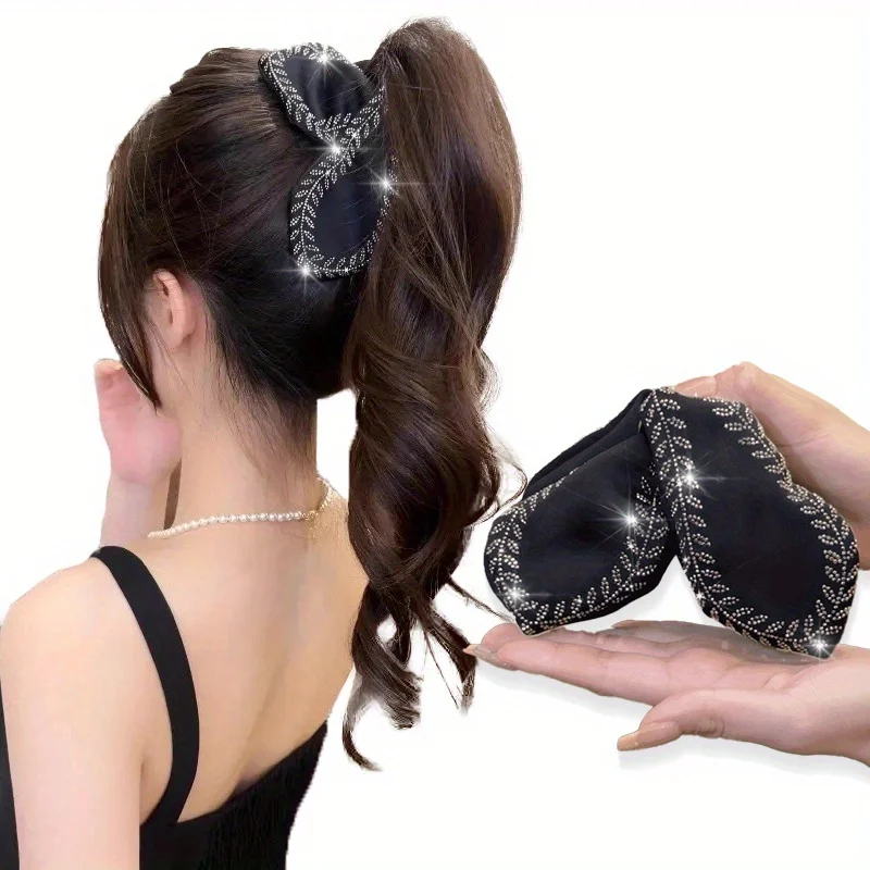 Funkelnde Vintage-Haarklammer aus großem schwarzem Acryl mit Strasssteinen und glitzerndem Weizen-Design, rutschfester Griff für elegante Frauen Image