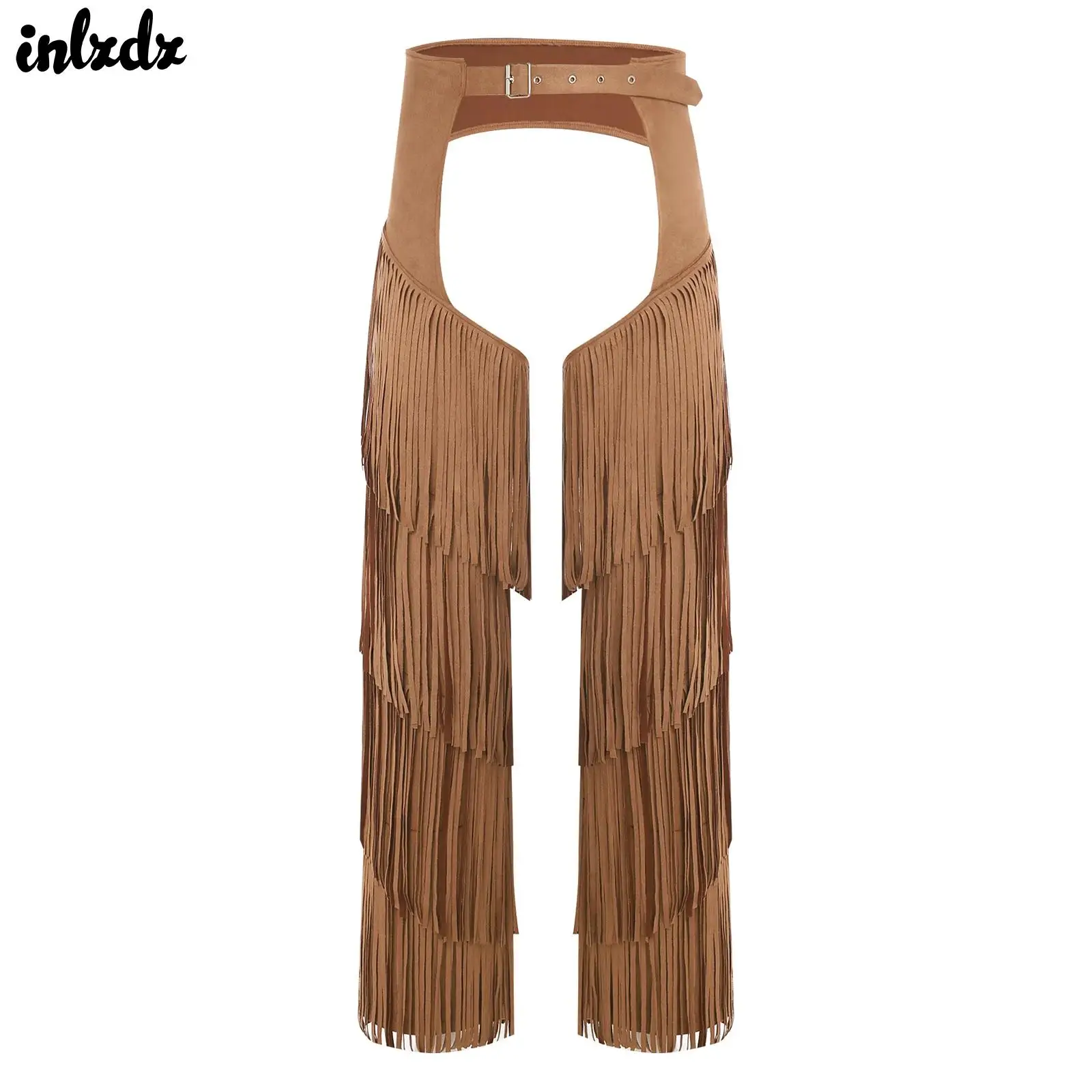 Erwachsene Männer Western Cowboy Halloween Cosplay Kostüm Offene Gabelung Hosen Layered Fringe Buttless Schnallen Western Motorrad Hosen Image