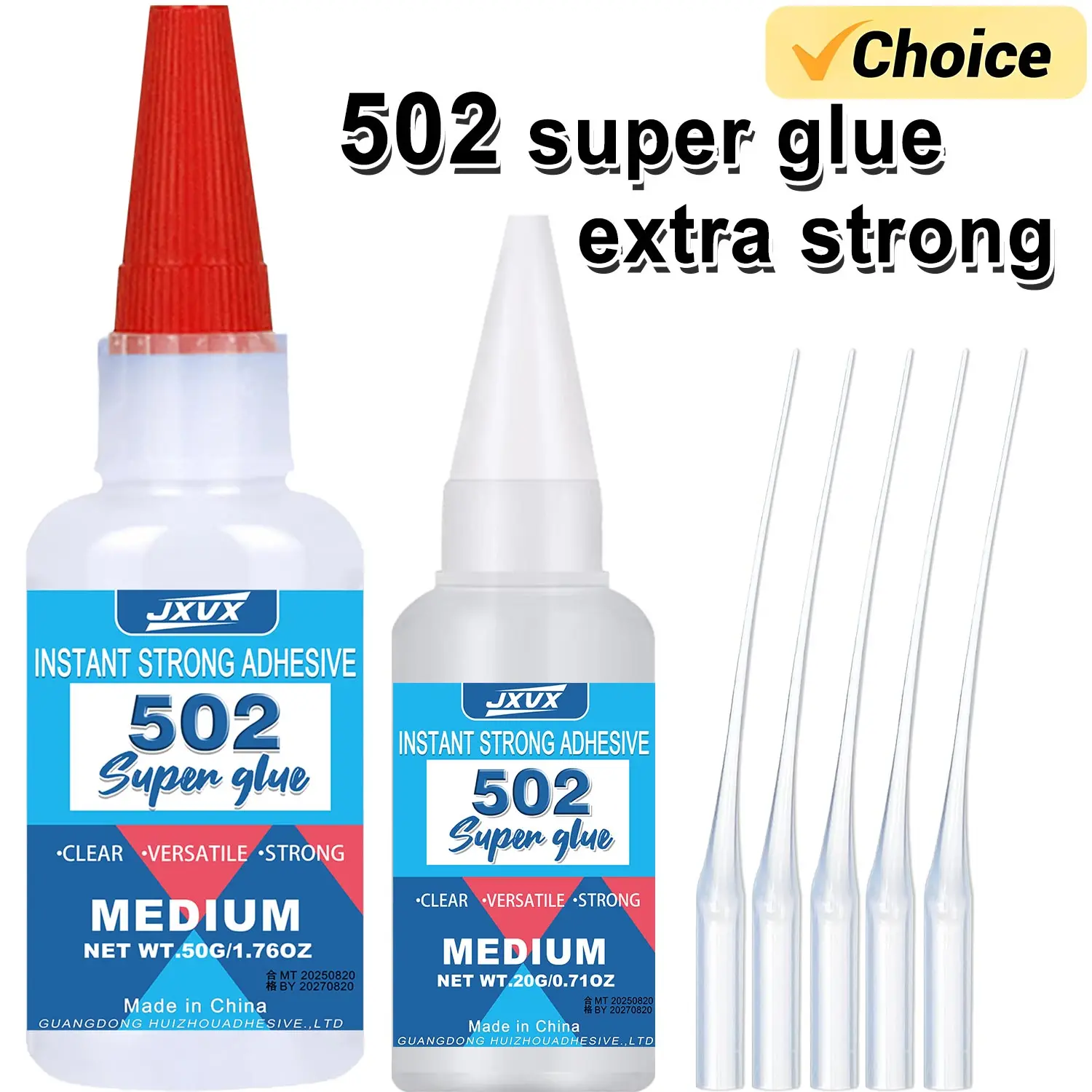 JXVX 1-5 Stück Superkleber 502 Hochfester, schnell trocknender Cyanacrylat-Klebstoff für Glas Hochfester Flüssigkleber mit Präzisionsdosierspender 20 g/50 g. Image