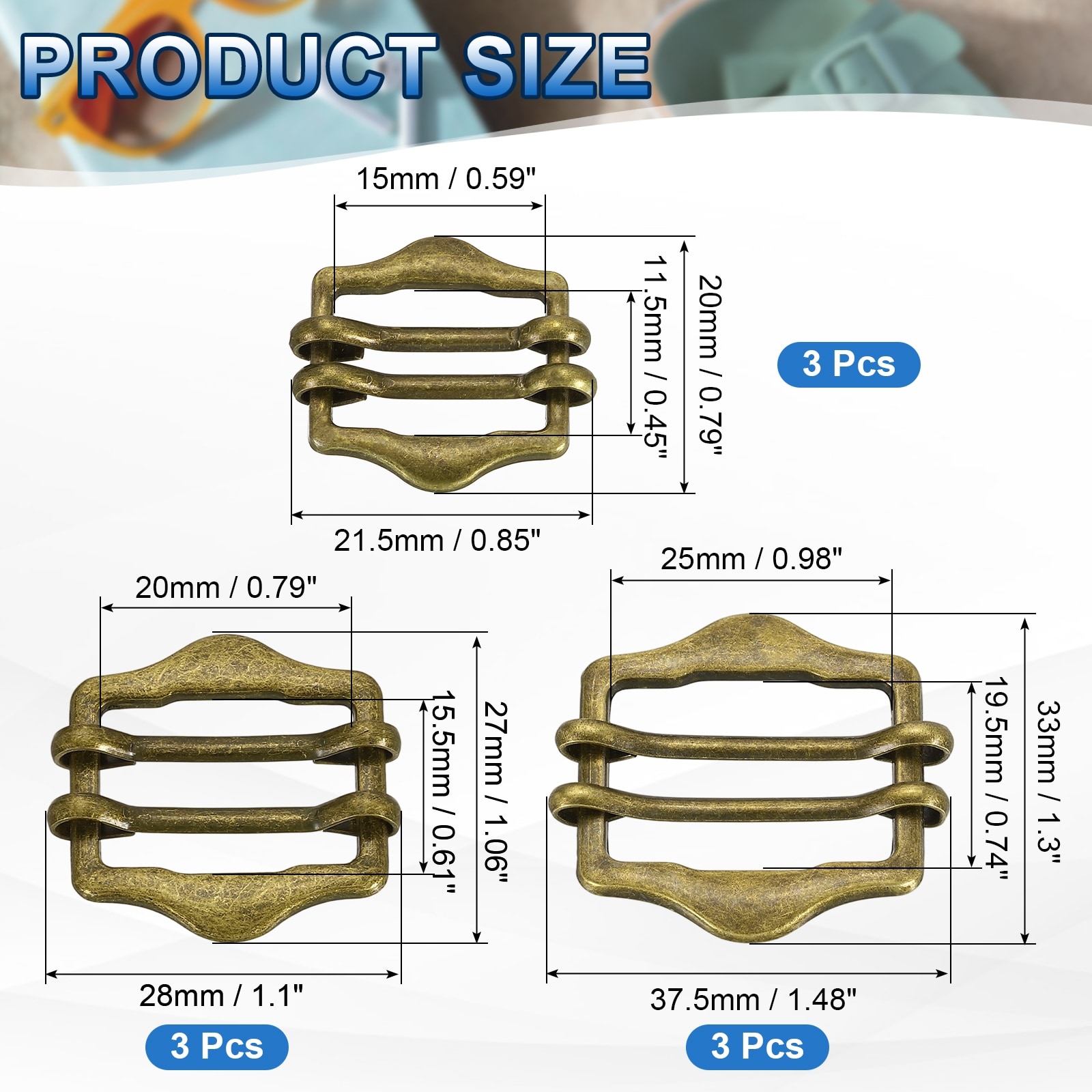 Metal Slide Buckles, Double-Pin Webbing Strap Roller Adjuster, Slider Buckle Tightener for Belt Cloth Bags - 15mm, 20mm, 25mm