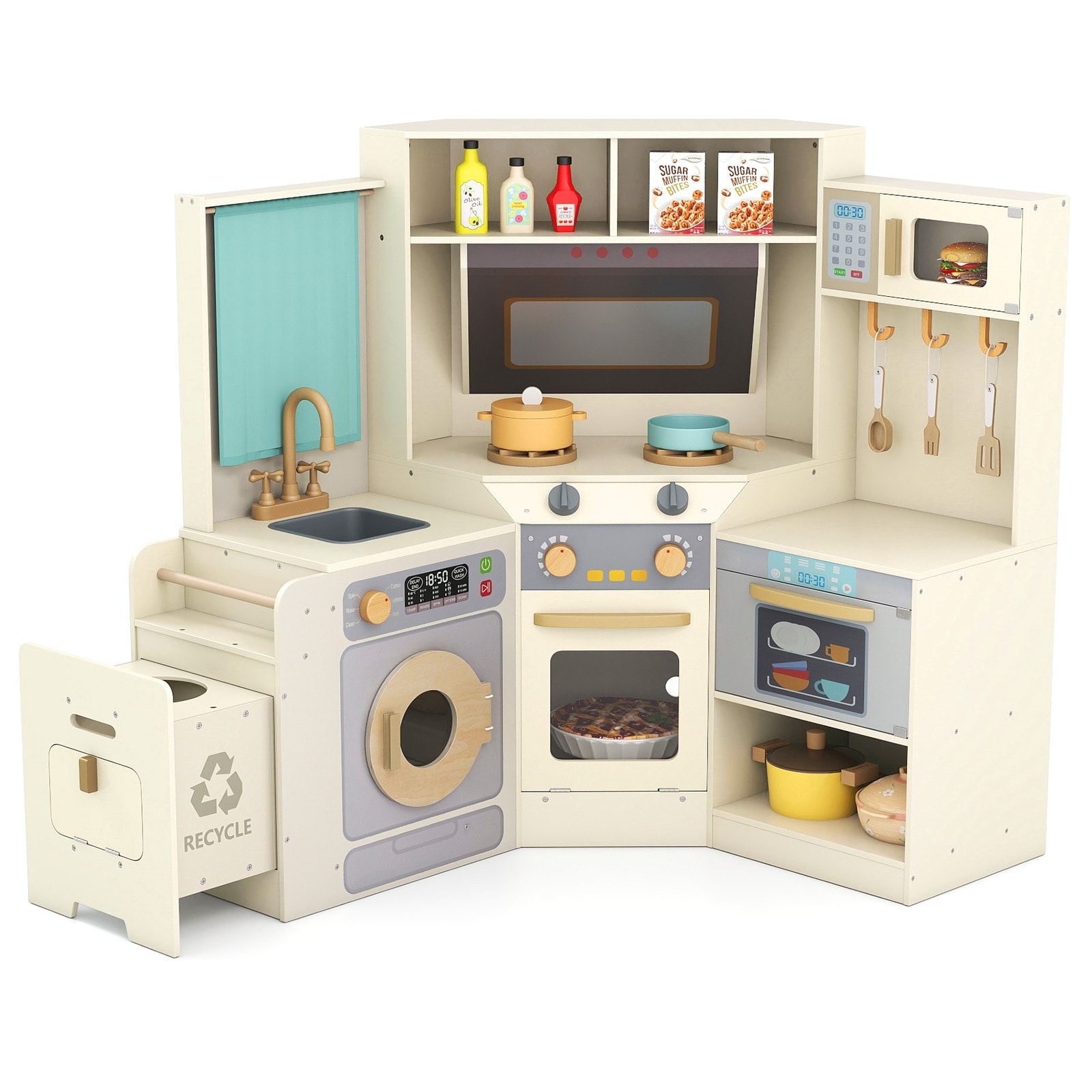 Kids Corner Wooden Play Kitchen Set with Lights Sounds Pretend Cooking Station with Sink Stove Oven Microwave and Accessories